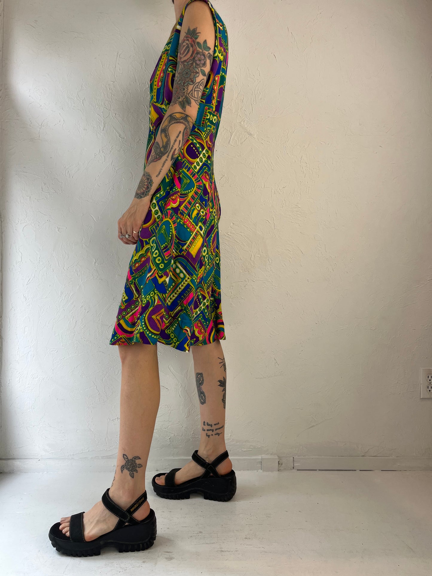 80s Jewel Tone Abstract Print Sleeveless Retro Dress / Medium