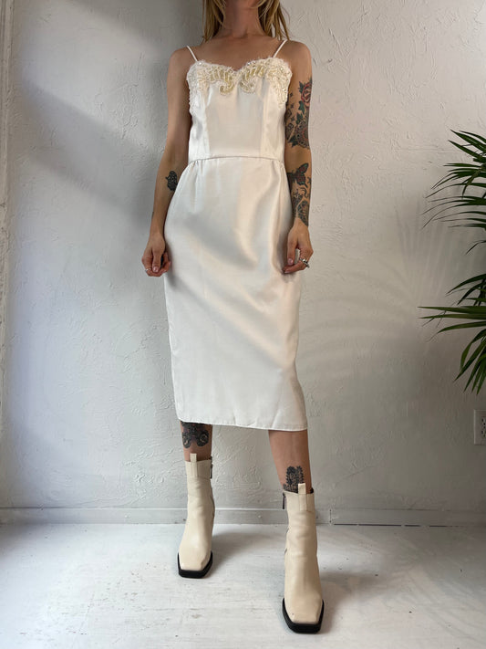 80s 'Gordon Dress' White Beaded and Sequin Lace Trimmed Cocktail Dress / Small