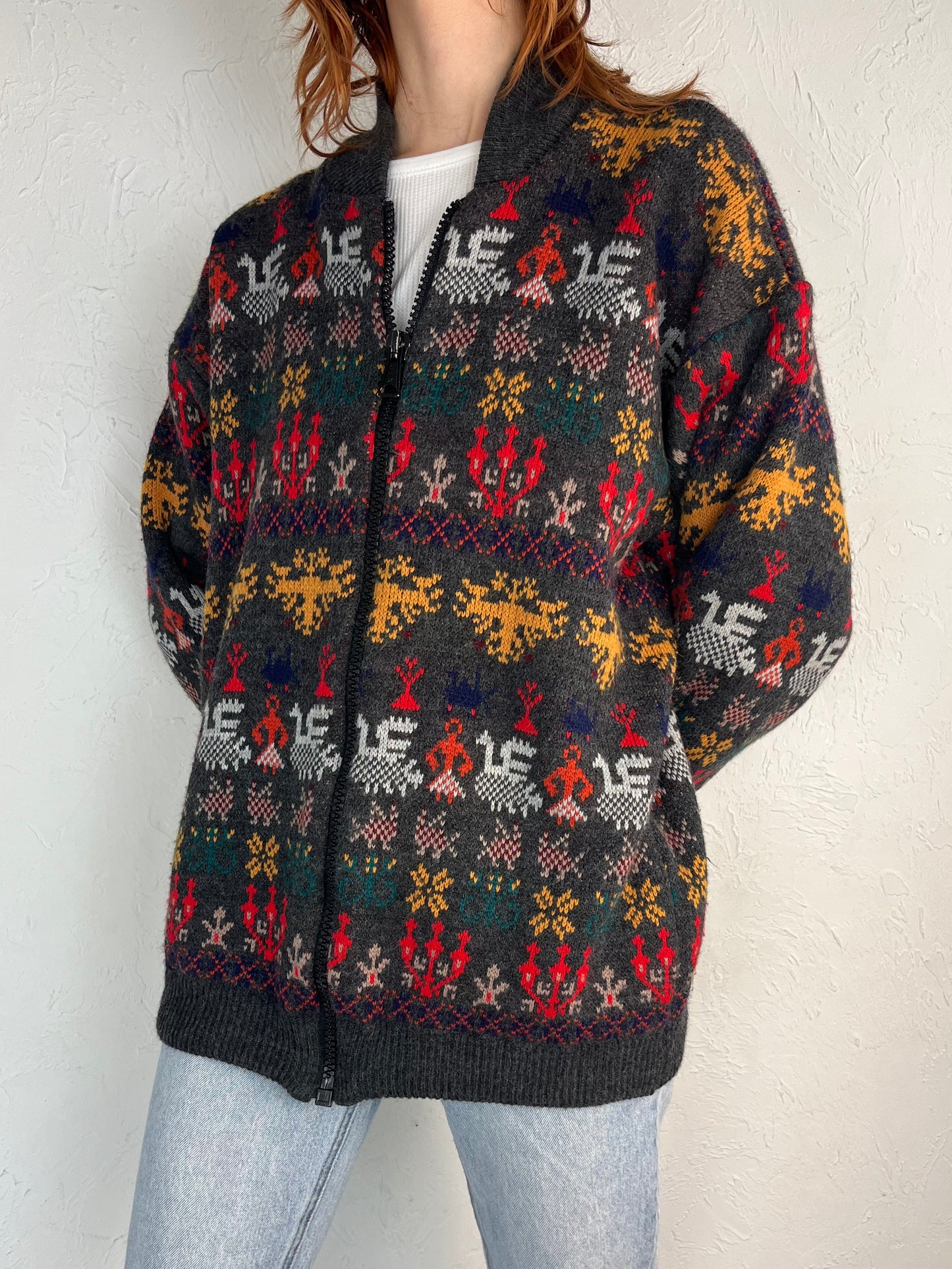 80s 'Tradition' Abstract Grey knit Cardigan Sweater / Large