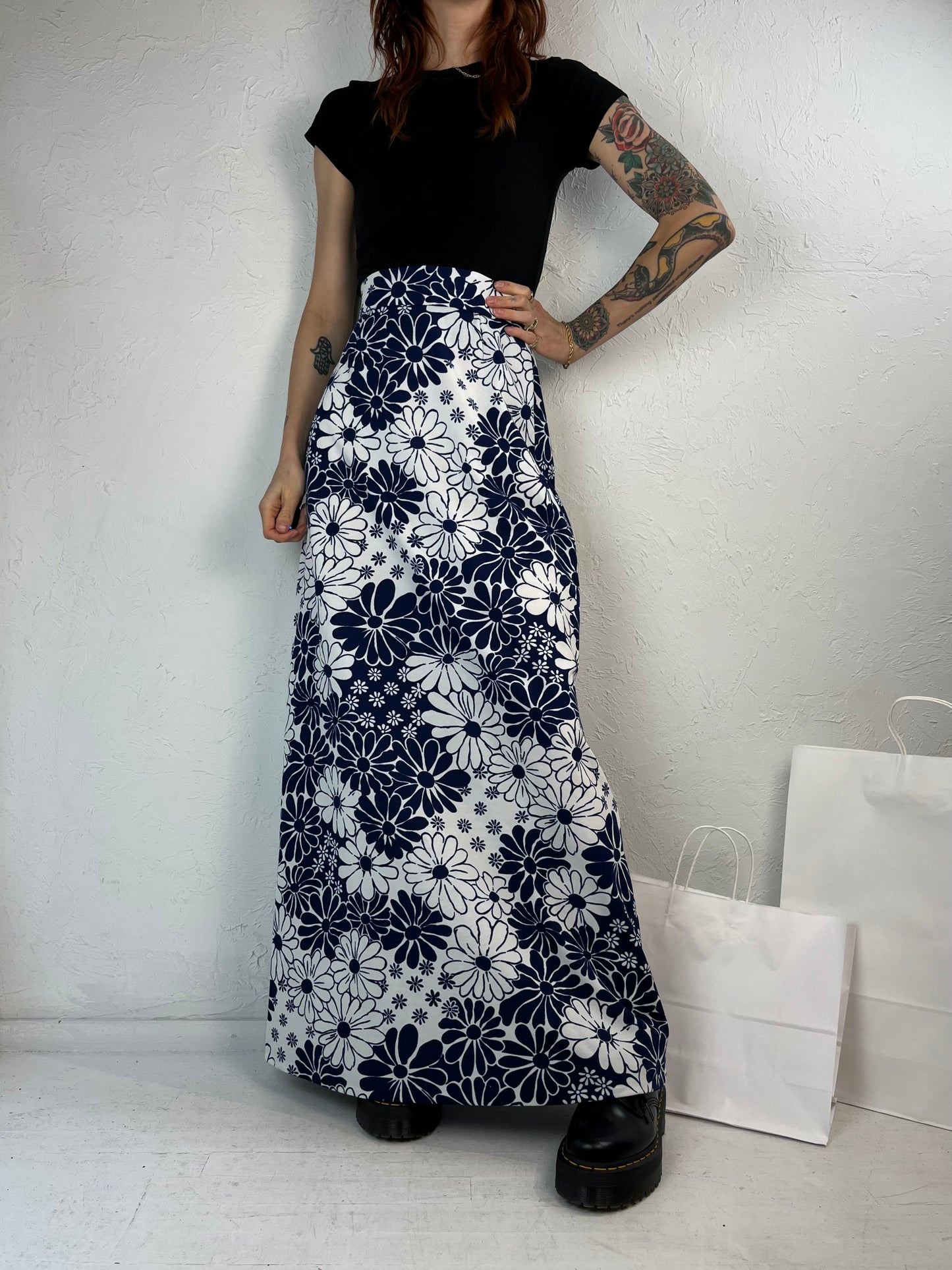 70s Handmade Retro Floral Print Maxi Skirt / Small