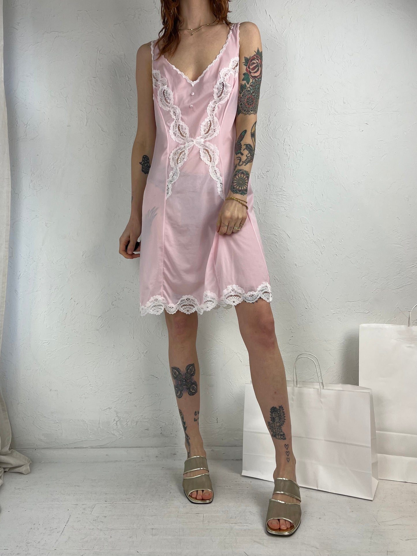 80s 'Rhodiaceta' Pink Nylon Slip Dress / Medium