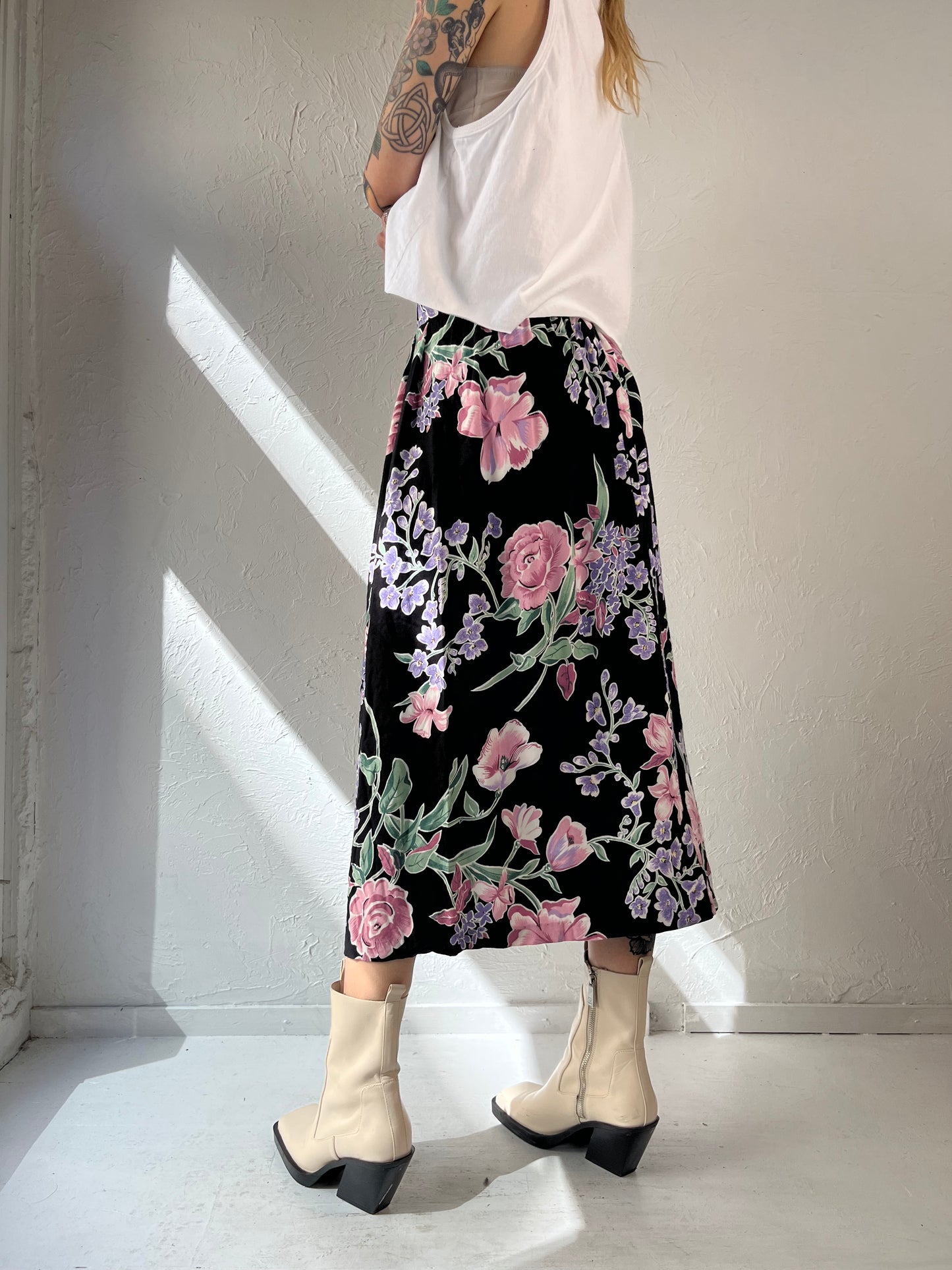 90s 'Toby' Black Floral Midi Skirt / Small