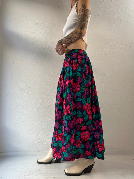 90s 'IZOD' Jewel Tone Floral Rayon Midi Skirt / Medium