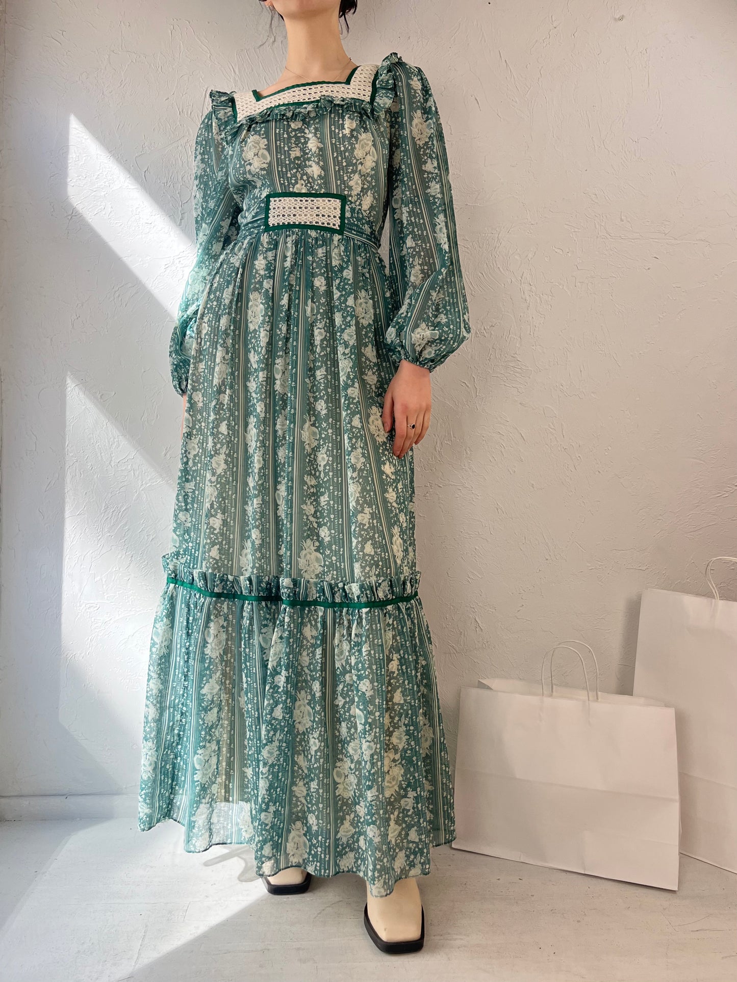 70s 'Candi Jones' Green Peasant Prairie Maxi Dress / Small