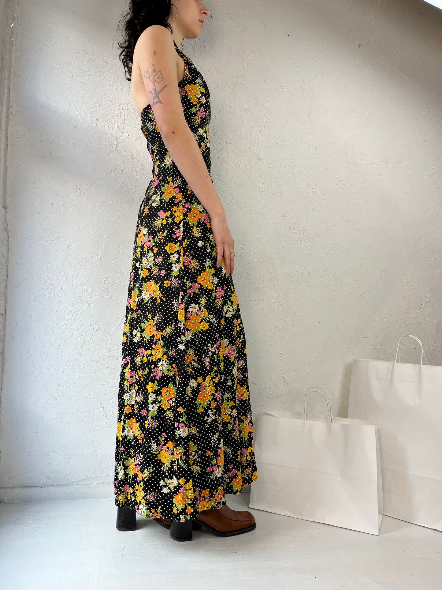 60s 70s Union Made Black Floral Hippie Halter Maxi Dress