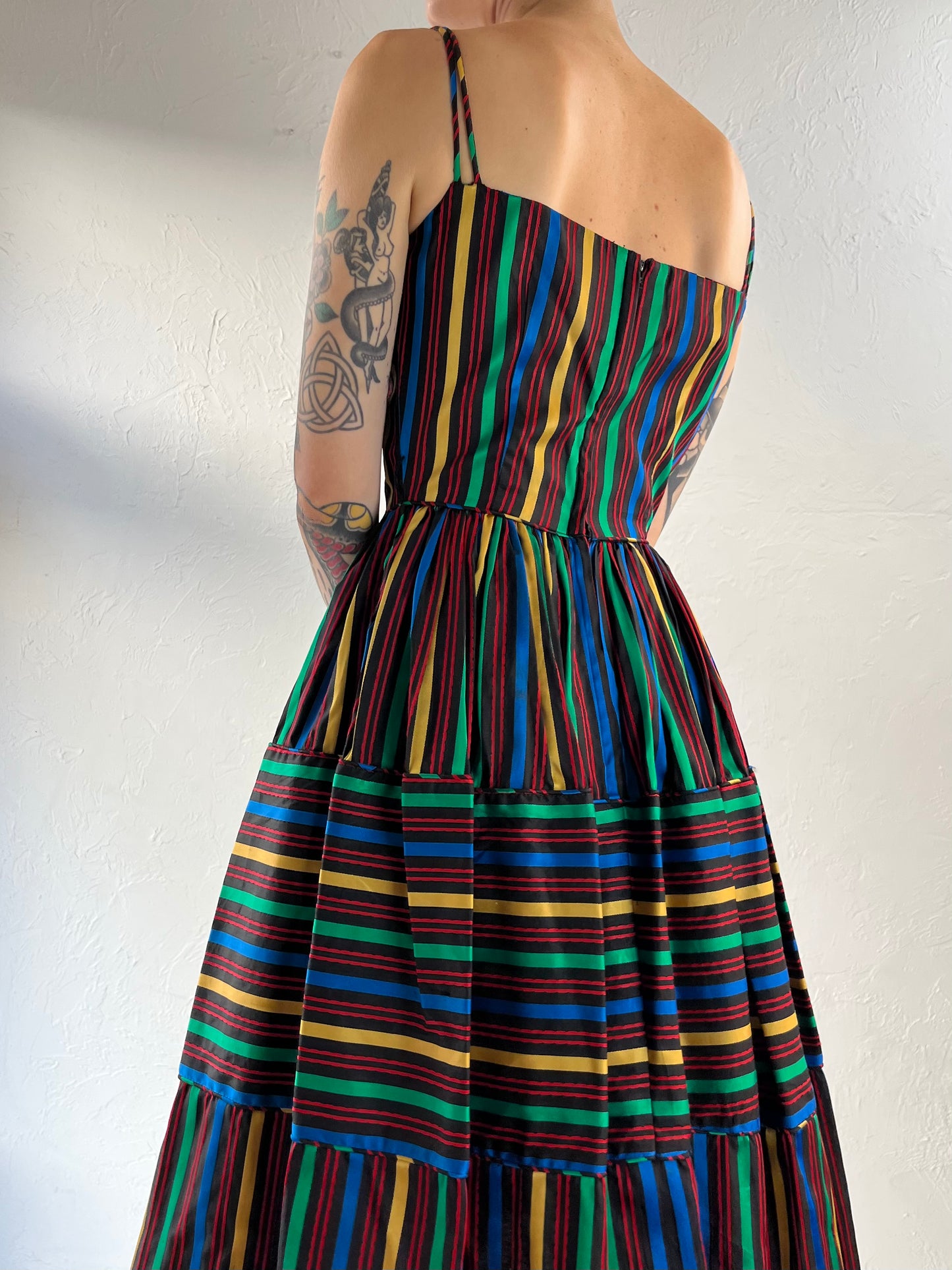 50s 60s 'Maggi Stover' Rainbow Striped Sleeveless A Line Dress / XS - Small