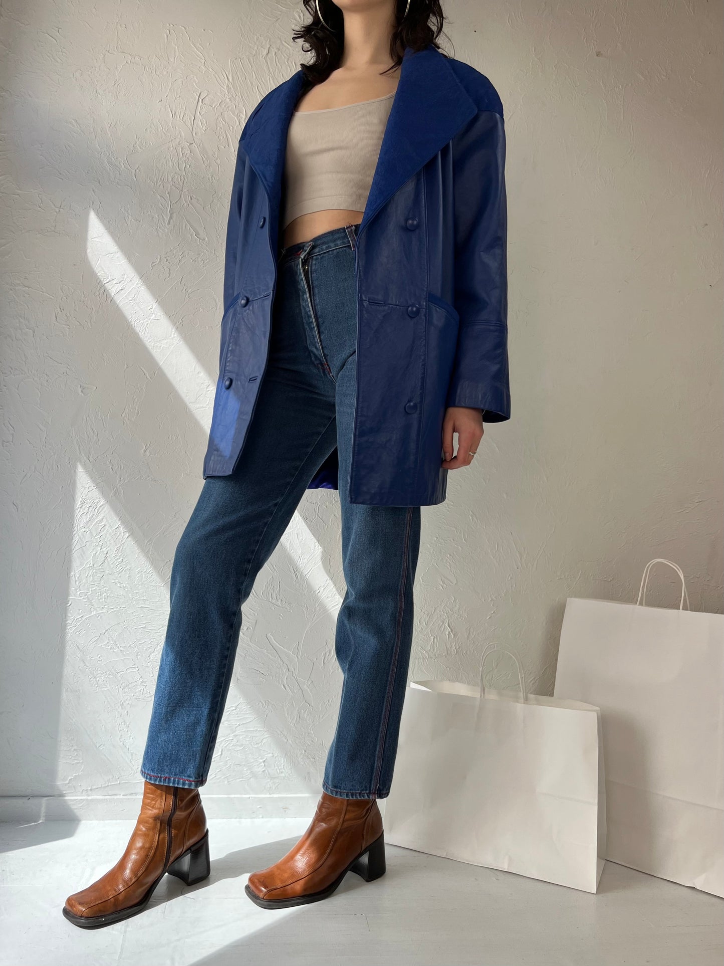 80s 90s 'Rae Cenes' Electric Blue Leather Jacket / Medium