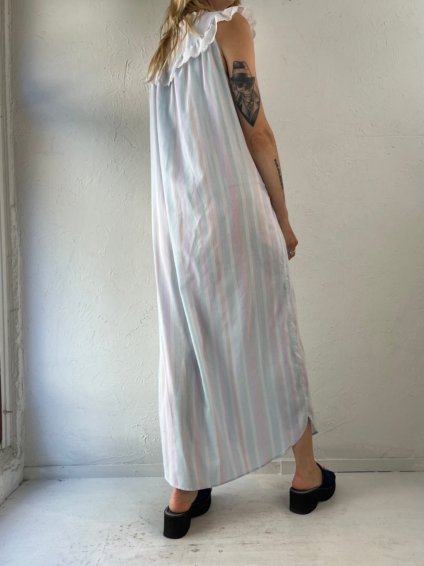 90s Rainbow Striped Cottage Core Maxi Dress / Medium