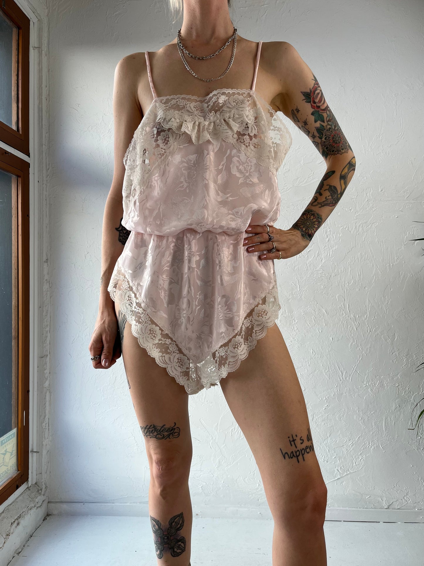 80s Pink Silky Floral Lacey Linergie Body Suit / Medium