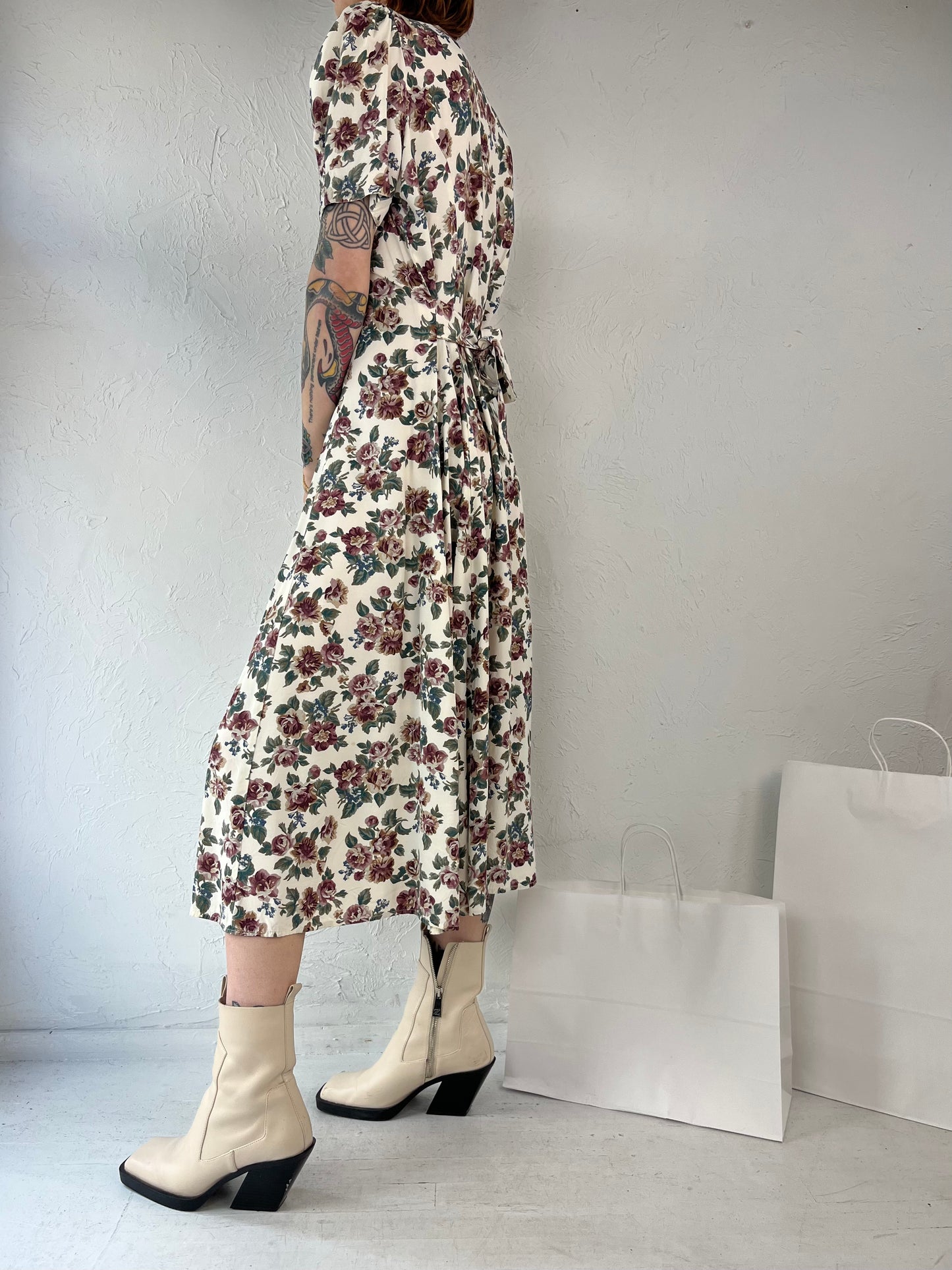 90s 'En Focus' Cream Floral Print Dress / Medium