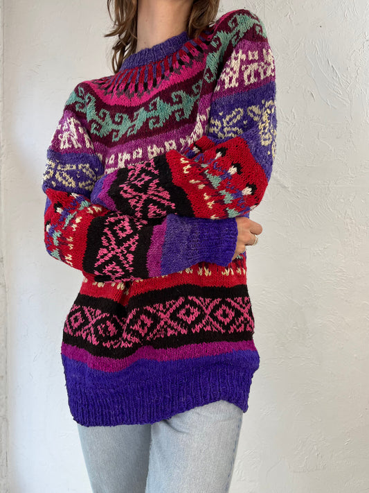 80s Pink Hand Knit Ski Sweater / Medium