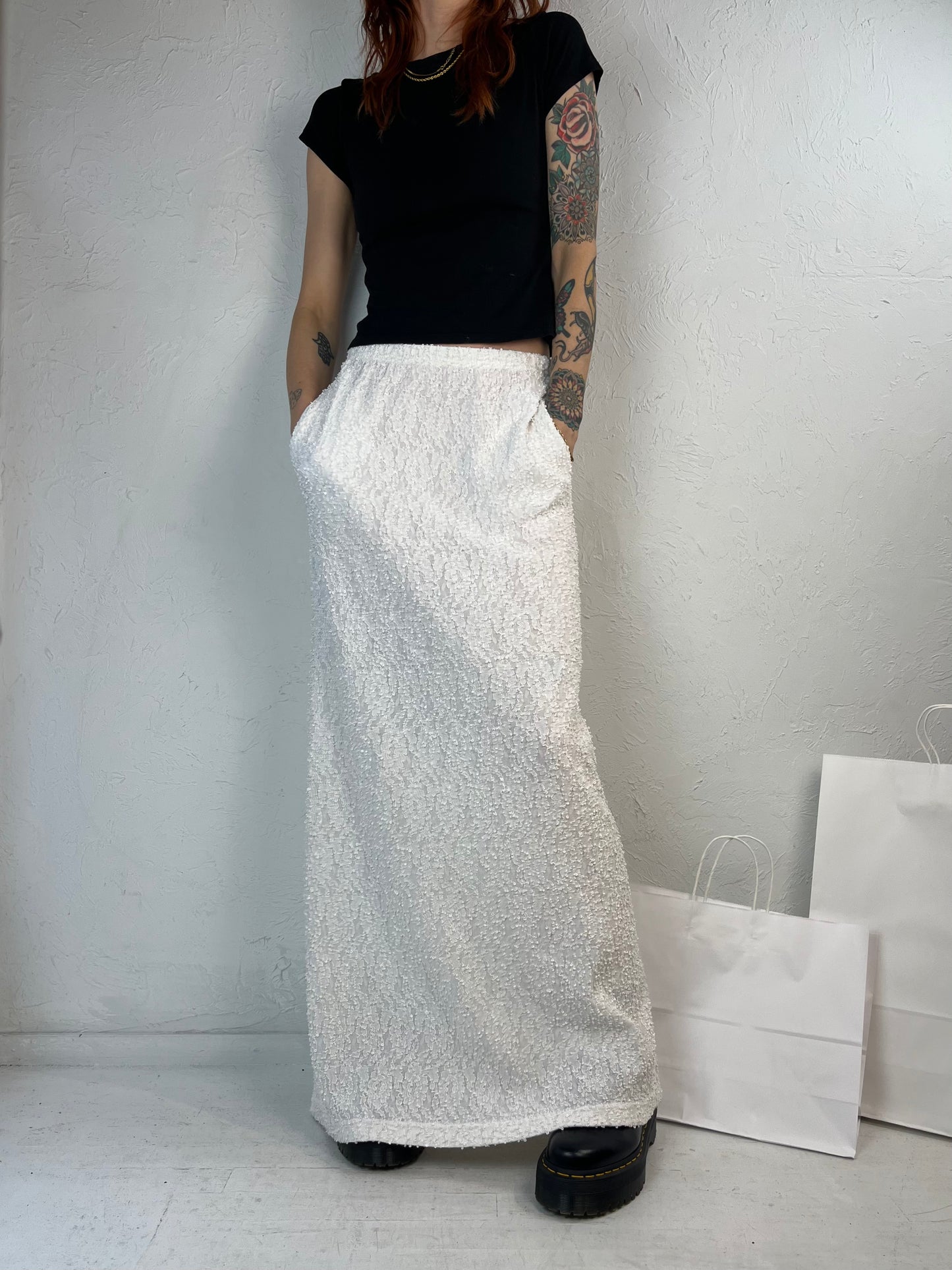 90s 'Dresses in White' Texted Nylon Midi Skirt / Small