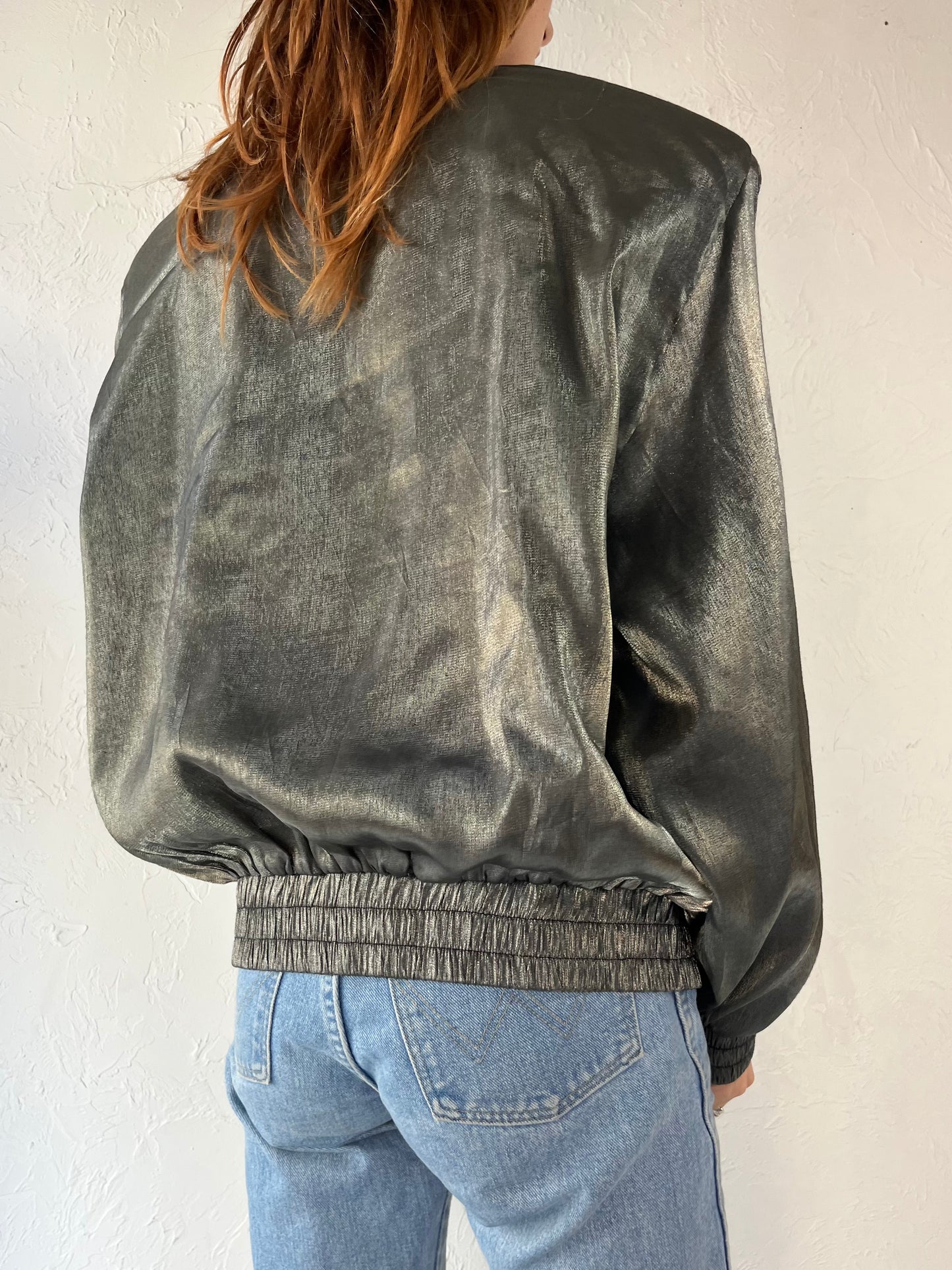 90s 'Emily' Silver Polyester Bomber Jacket / Large