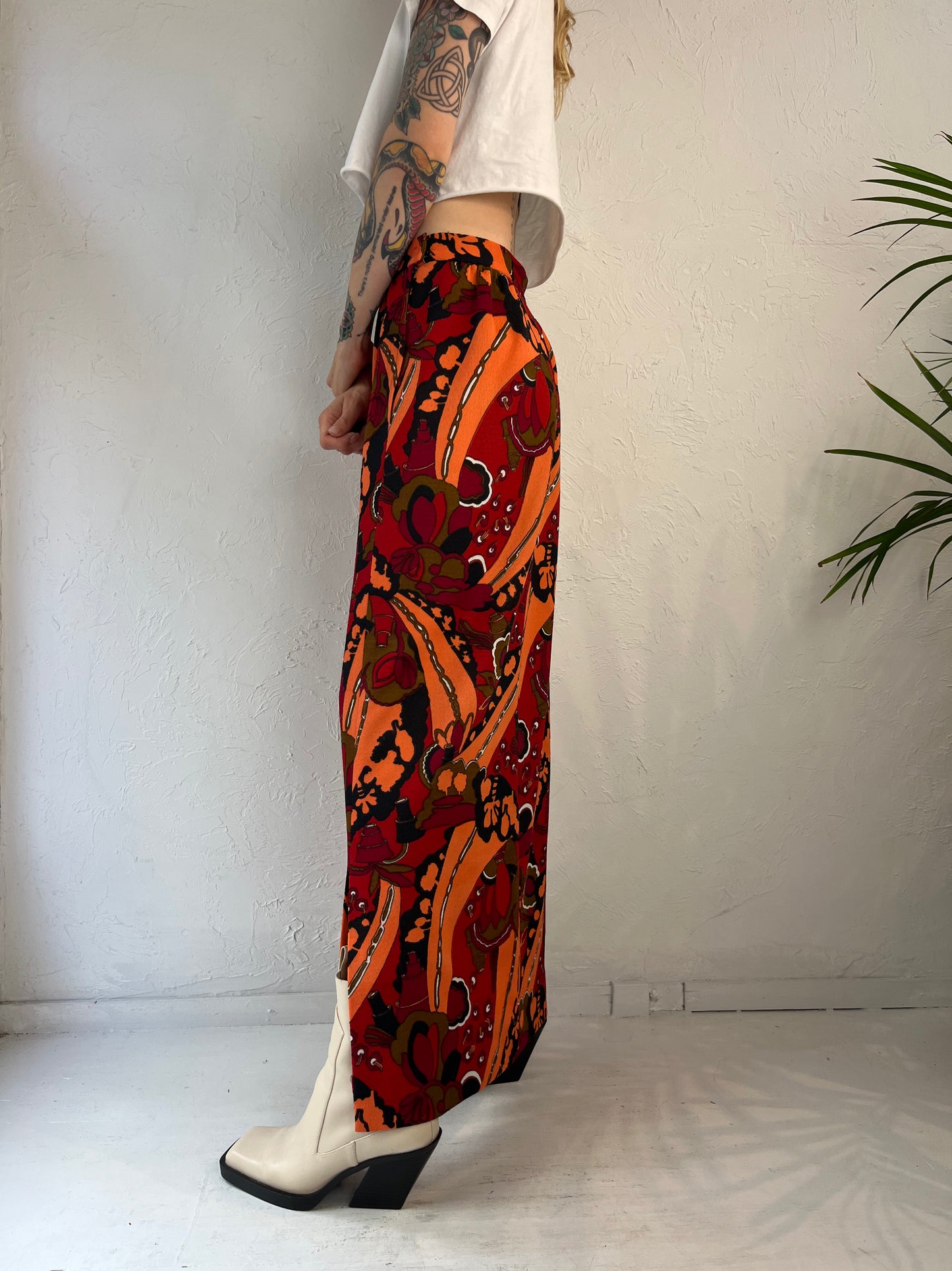 70s Orange Retro Print Midi Skirt / Small