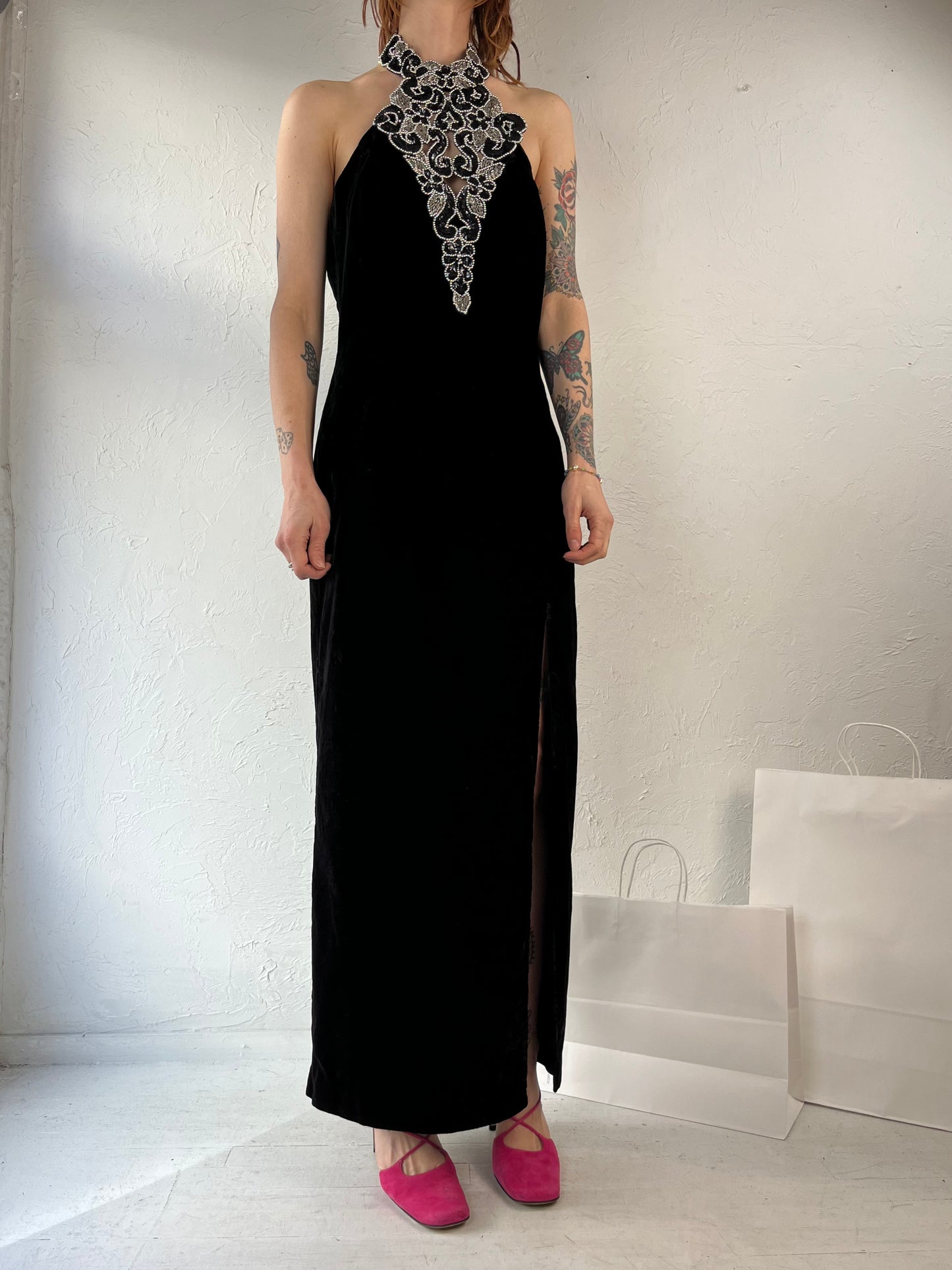 80s 'Dillards' Black Velvet Halter Evening Gown / Medium