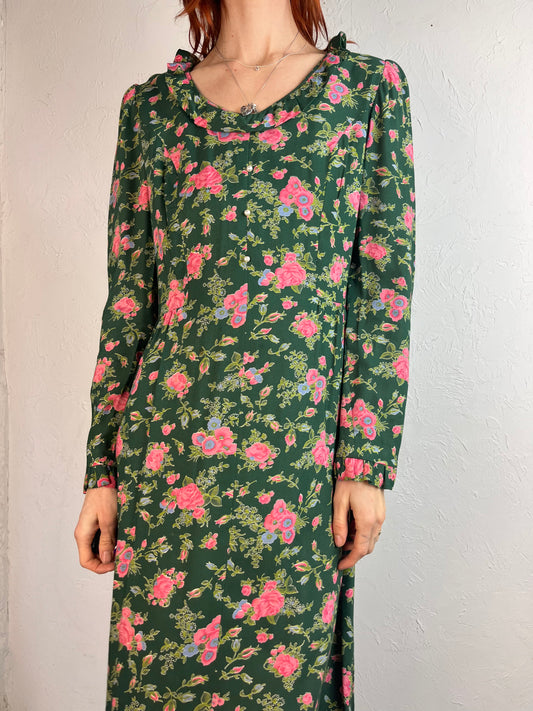 80s Green Floral Print Cottage Core Prairie Dress / Small - Medium