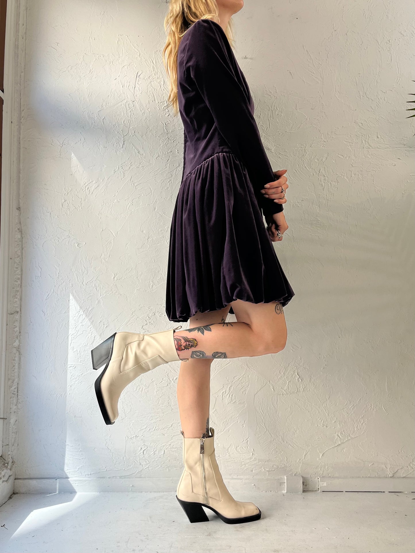 90s 'Laura Ashley' Dark Purple Velvet Mini Dress / Medium