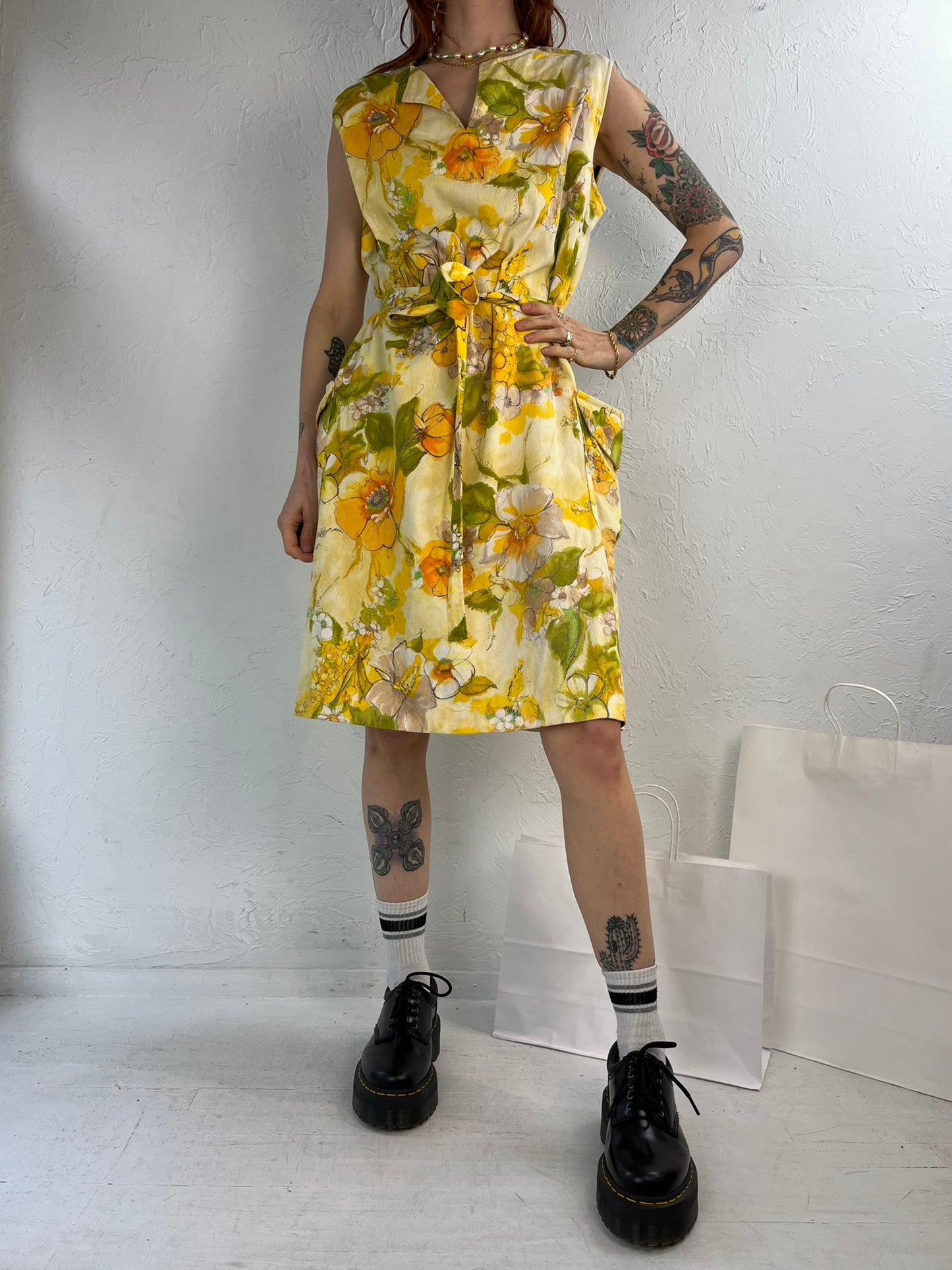 70s Retro Yellow floral Shift Dress