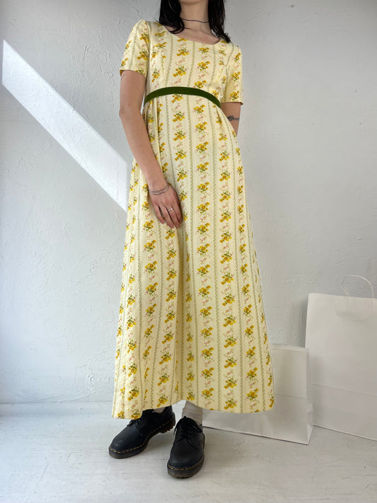 70s Yellow Floral Short Sleeve Maxi Dress / Small
