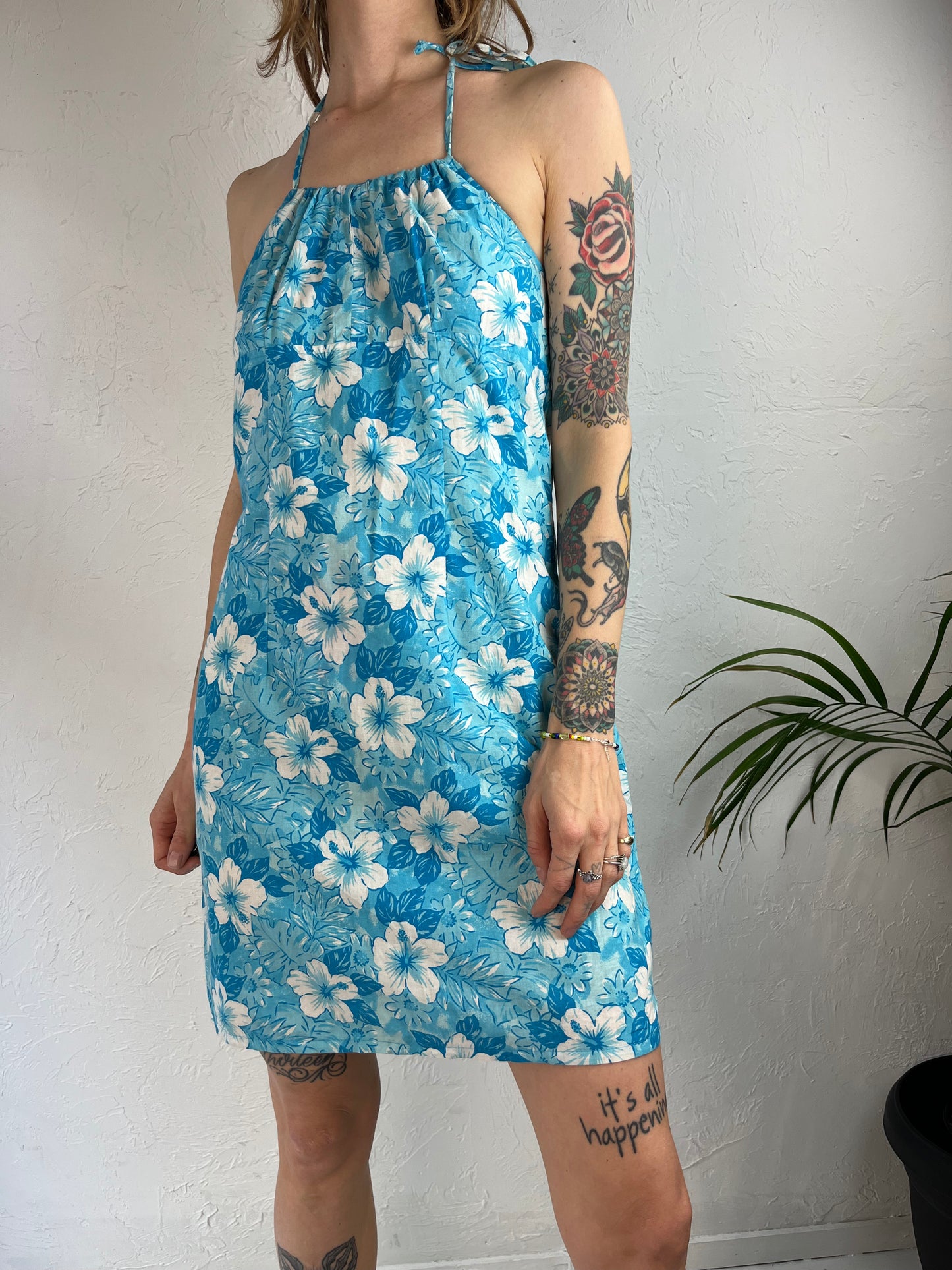 90s 'Pelican Cove' Blue Tropical Print Mini Halter Dress / Small