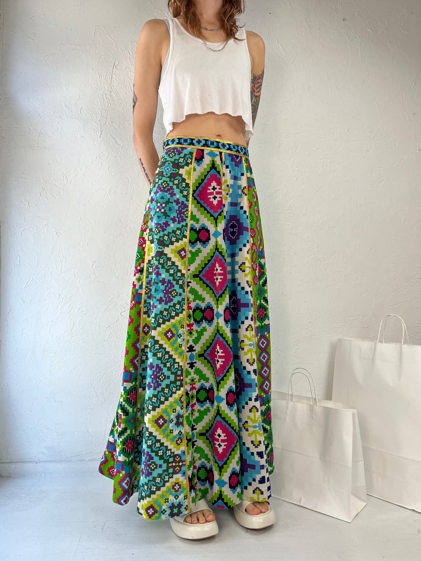 70s 'Star of Siam' Wool Abstract Maxi Skirt / Small - Medium