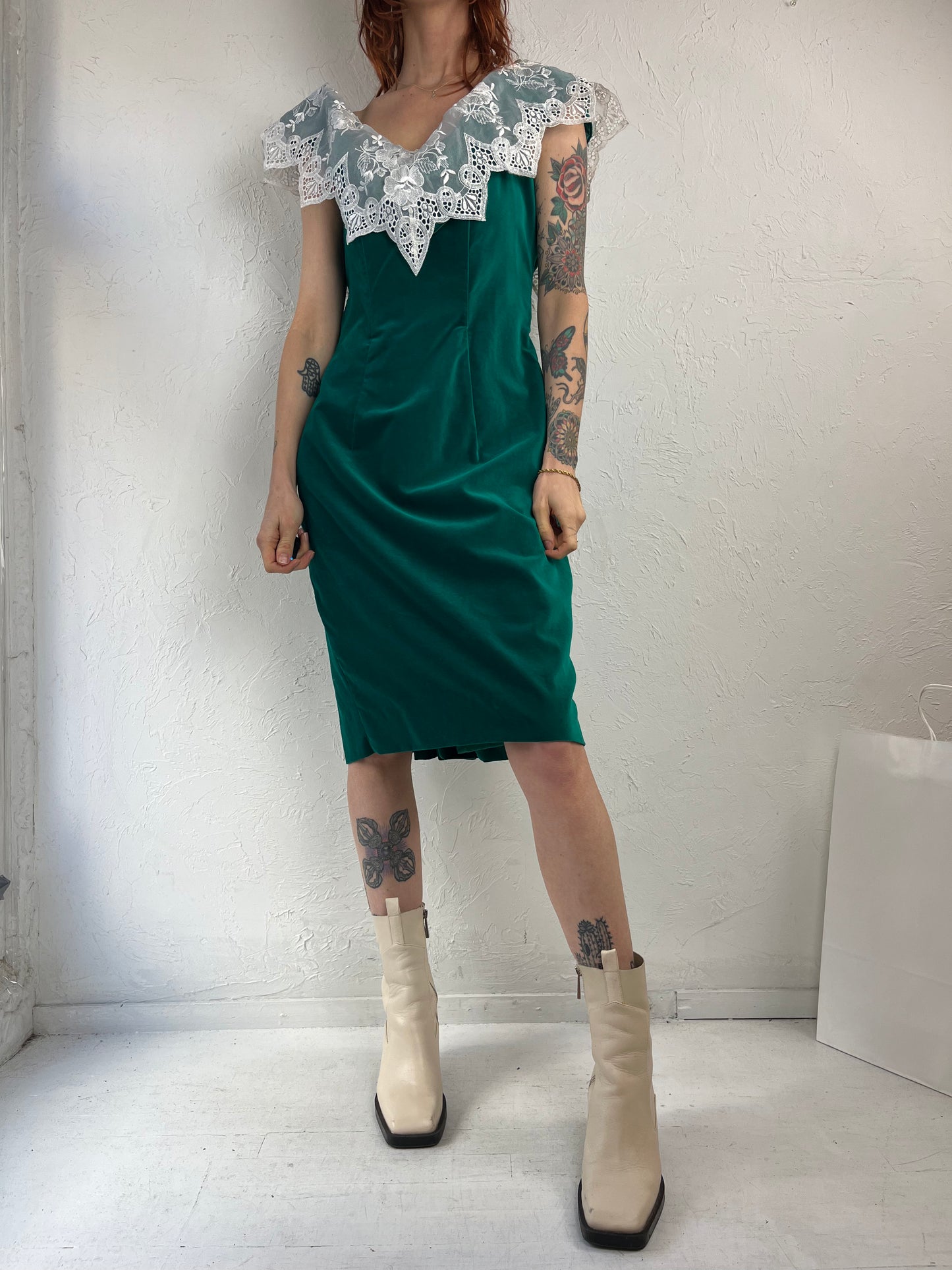 80s 90s Green Velvet Evening Dress / Small