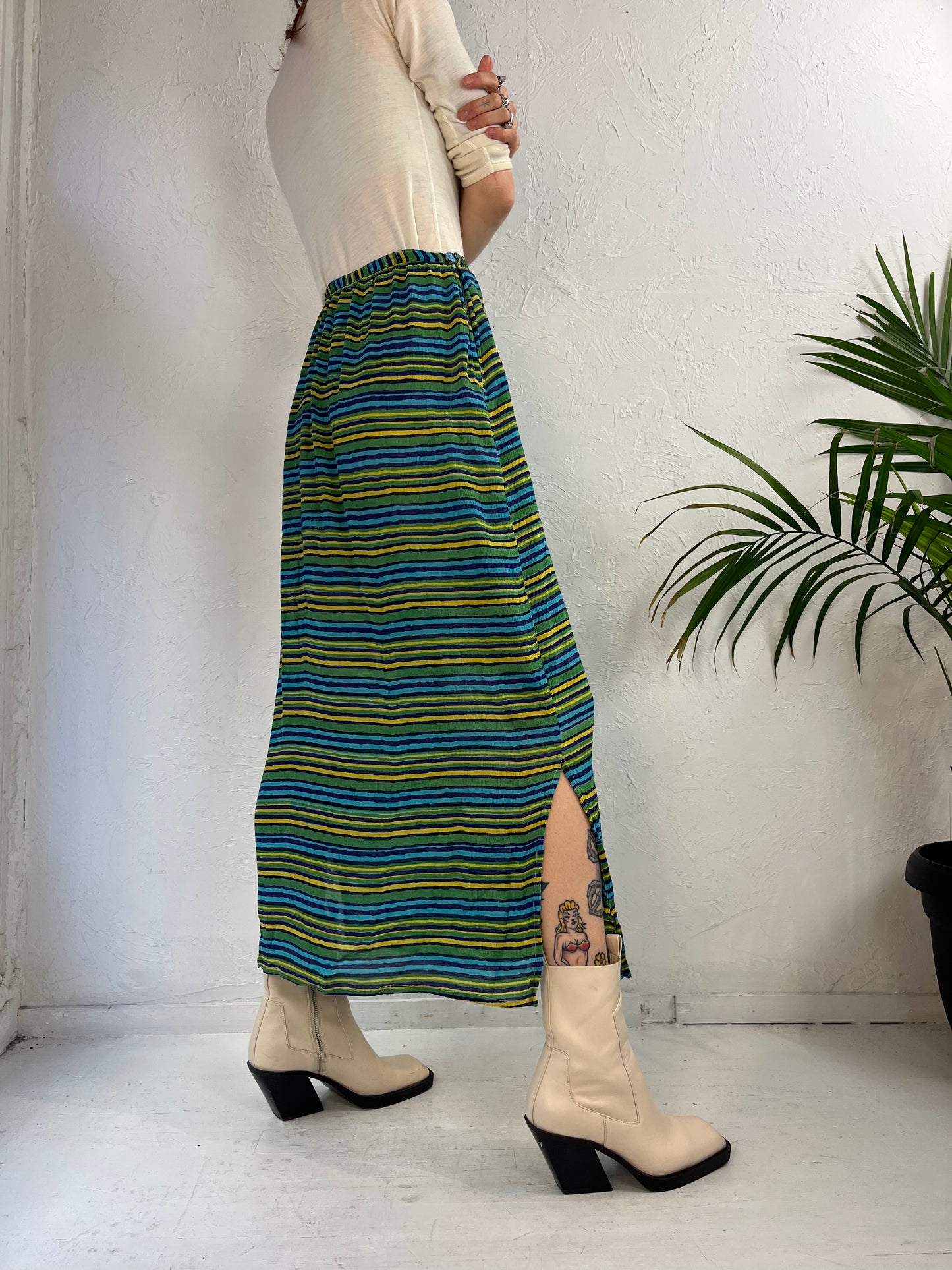 90s 'Rodeo' Green Striped Maxi Skirt / Small