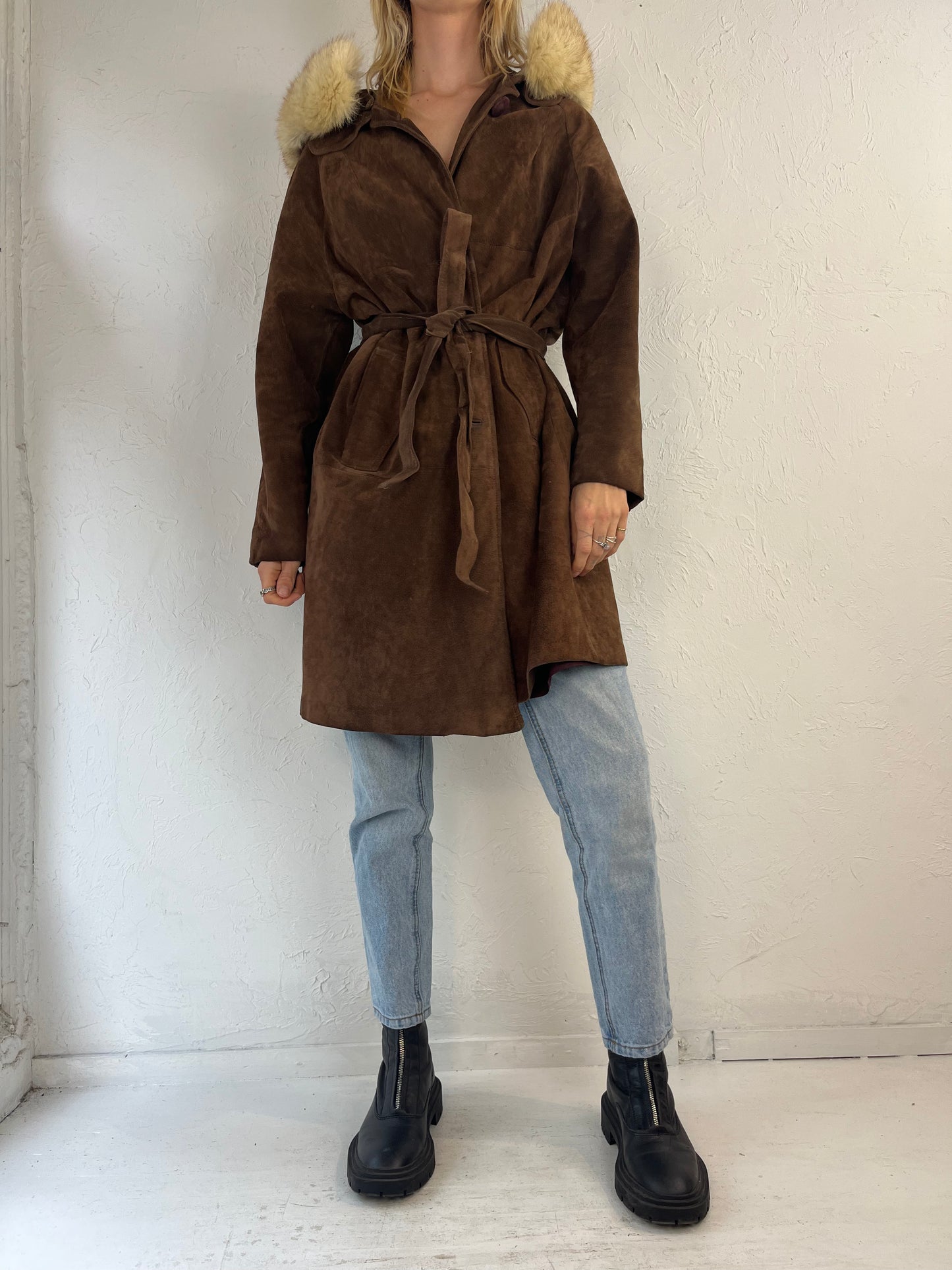 80s Brown Suede Leather Parka Coat / Medium