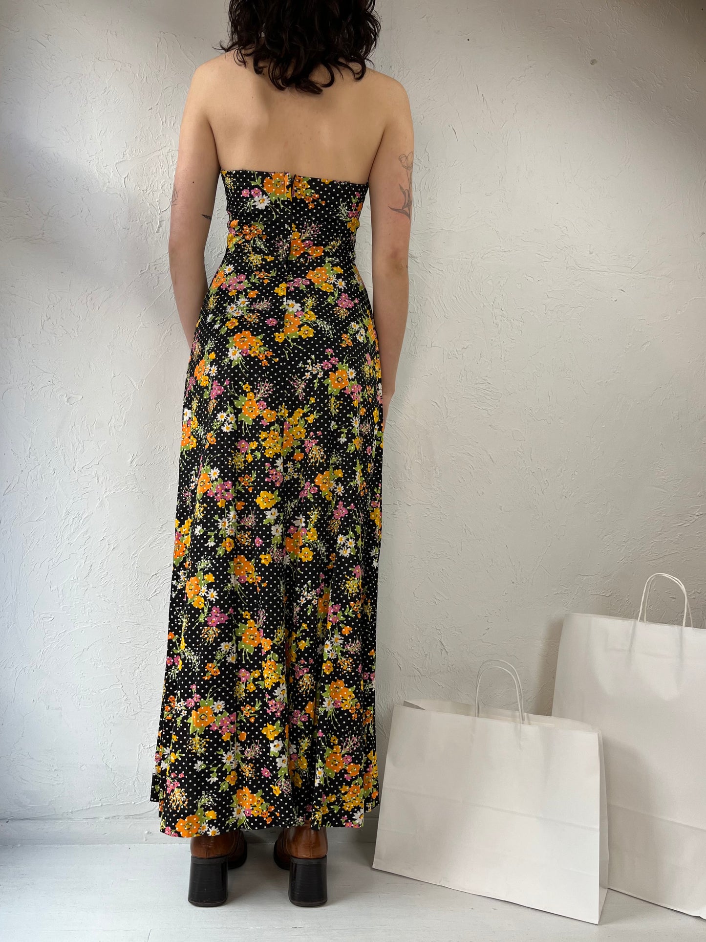 60s 70s Union Made Black Floral Hippie Halter Maxi Dress