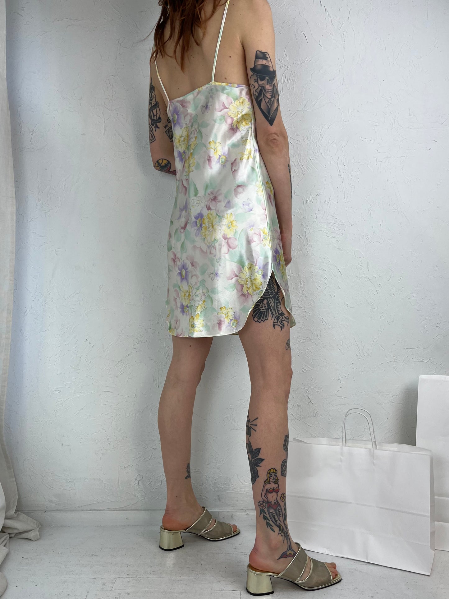 90s 'Dentelle' Pastel Floral Print Mini Slip Dress / Small