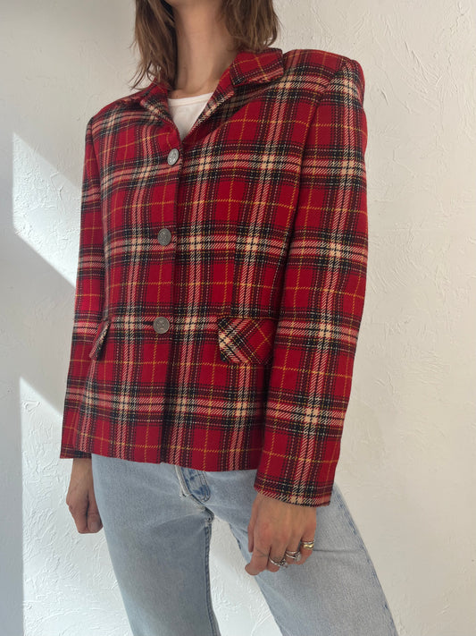 90s 'Evan Picone' Red Plaid Wool Blazer Jacket / Small