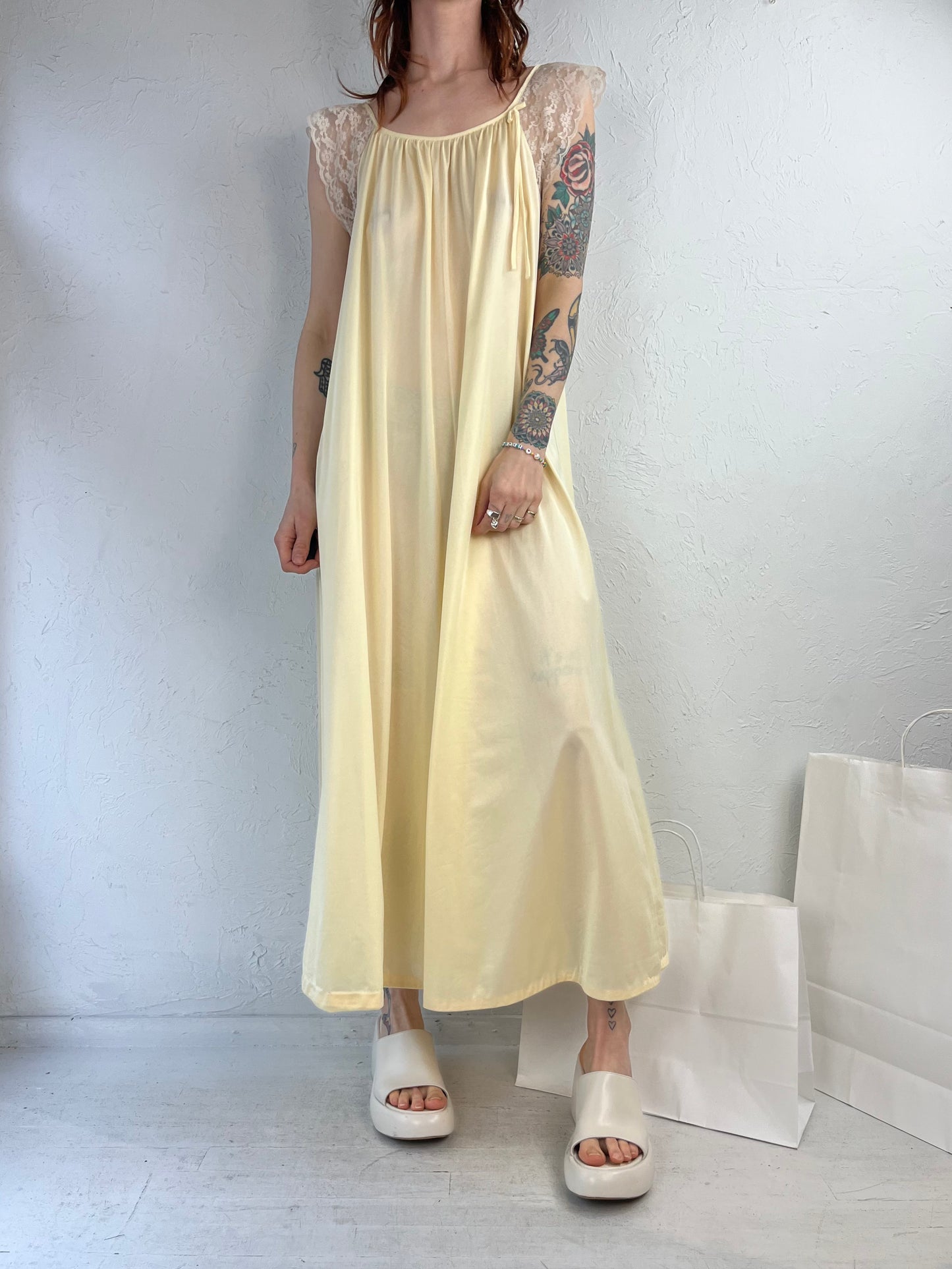 80s 'French Maid' Yellow Nylon Night Gown / Medium