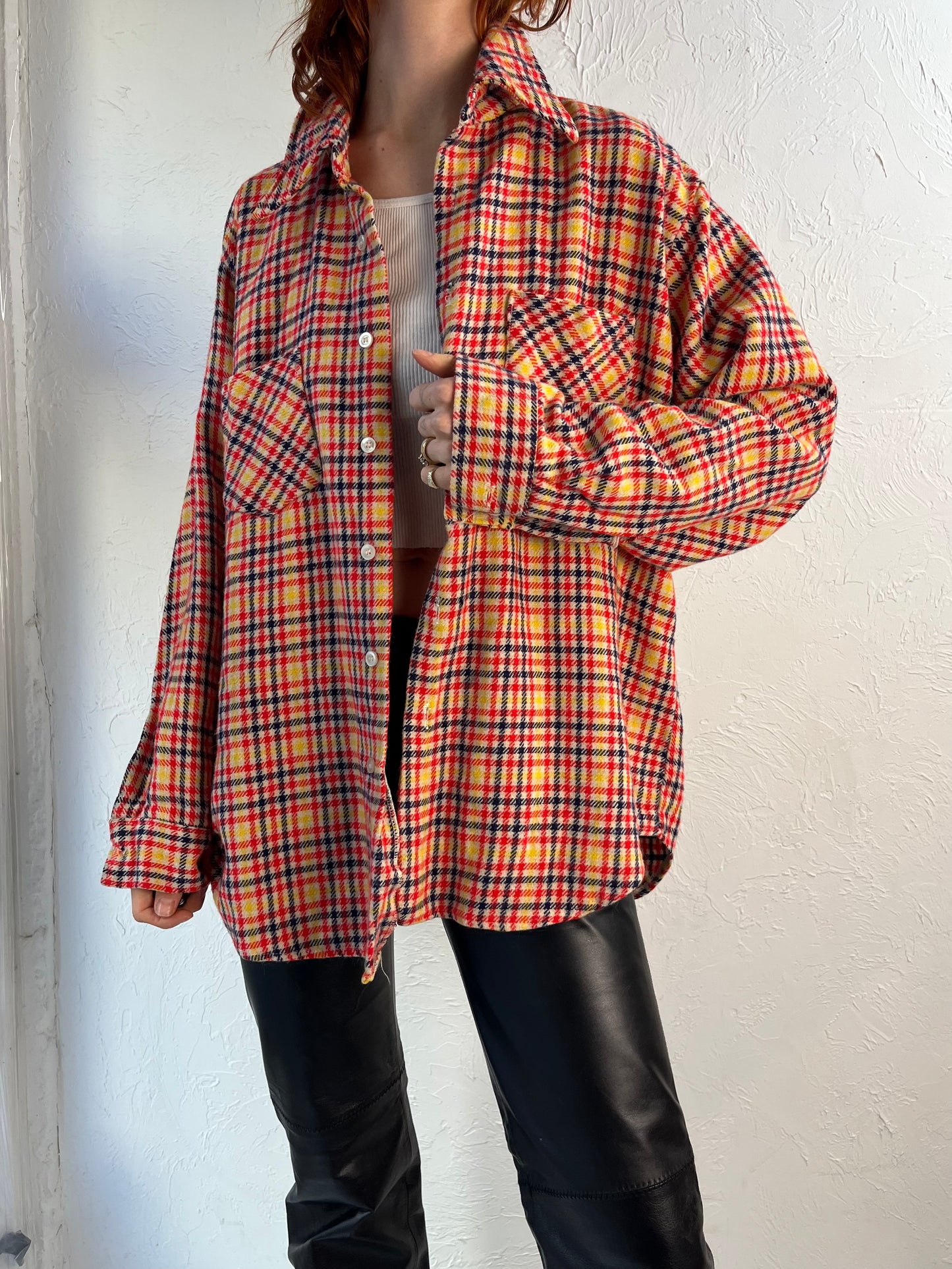 70s 80s Cotton Acrylic Plaid Shirt / Large