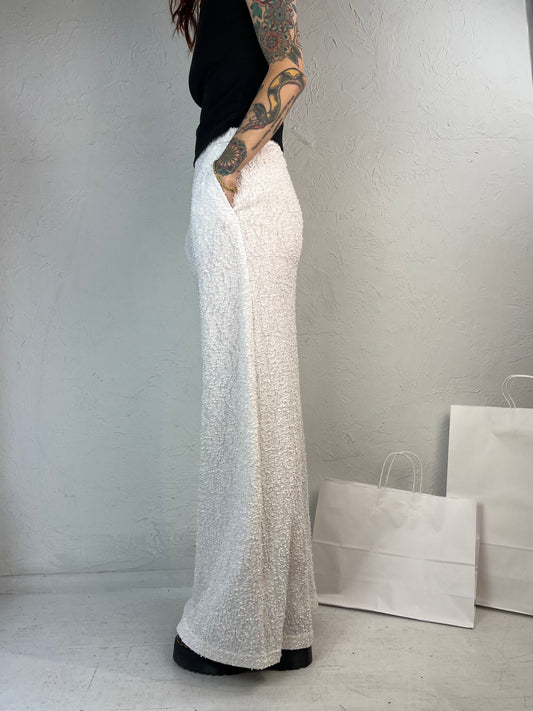 90s 'Dresses in White' Texted Nylon Midi Skirt / Small