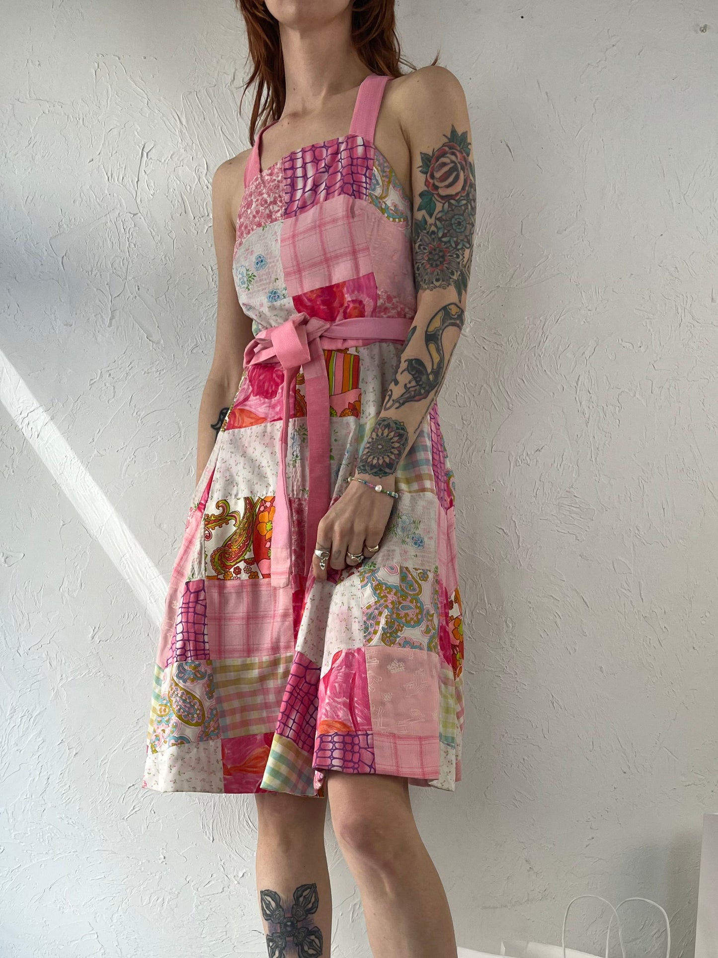 70s Pink Quilted Wrap Dress / Small