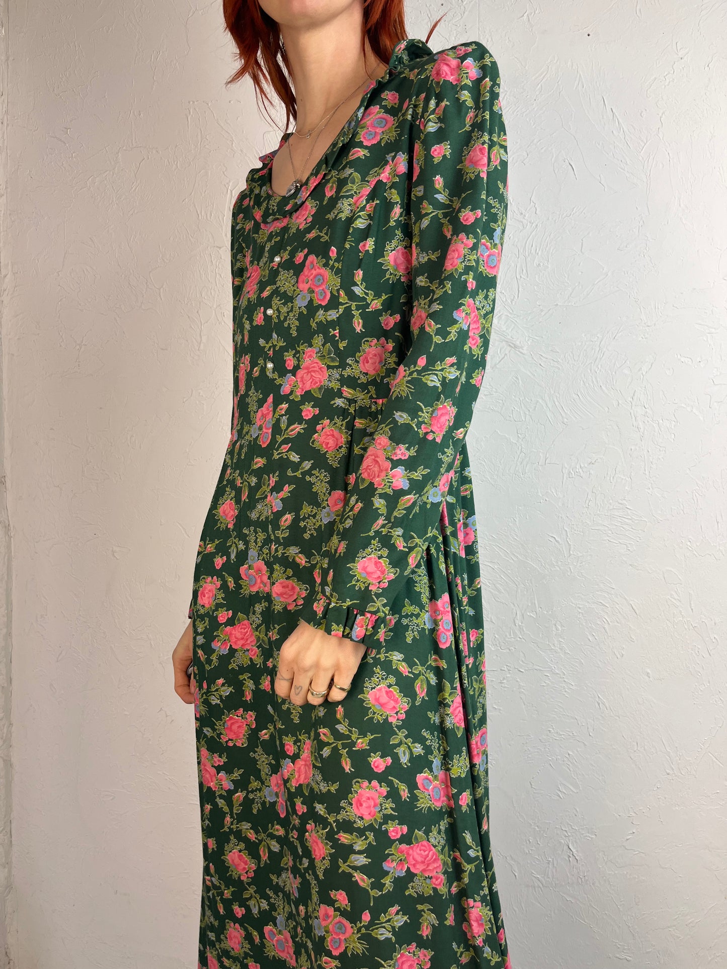 80s Green Floral Print Cottage Core Prairie Dress / Small - Medium