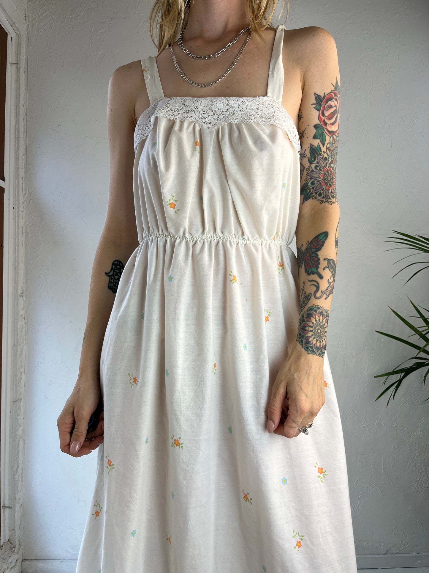 80s Cream Lacey Floral Sleeveless Dress / Medium