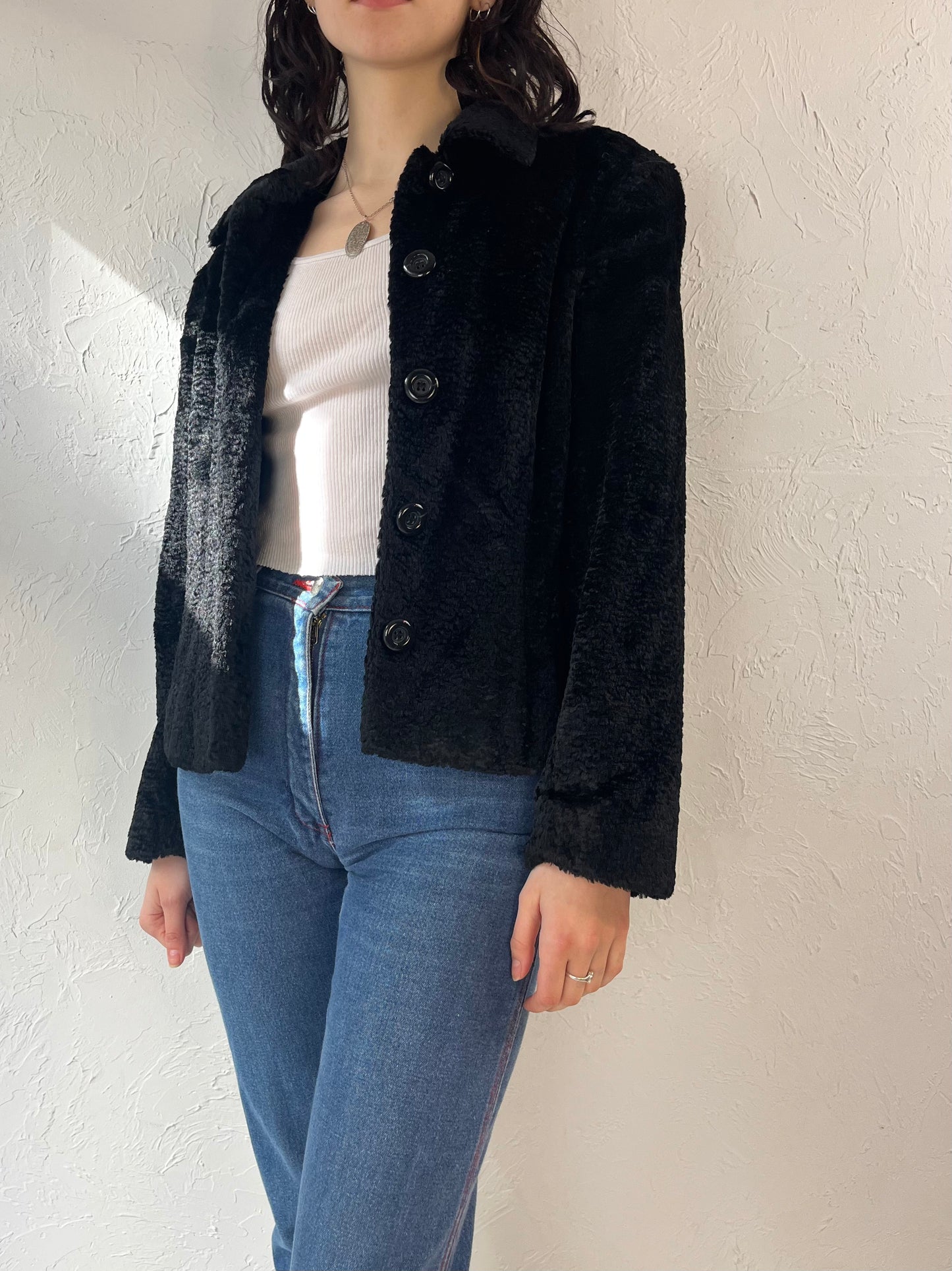 80s Faux Fur Cropped Jacket / Small