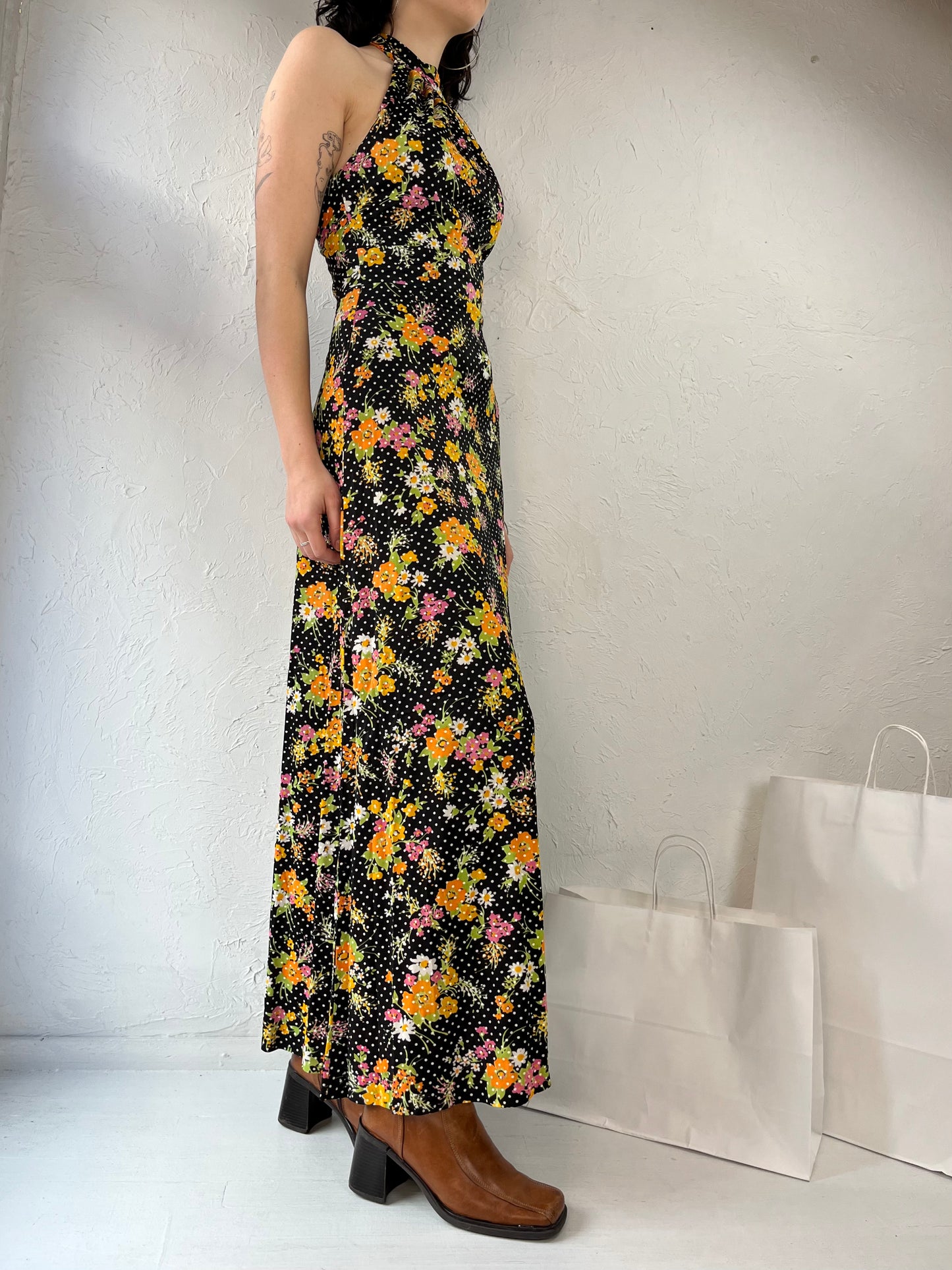 60s 70s Union Made Black Floral Hippie Halter Maxi Dress