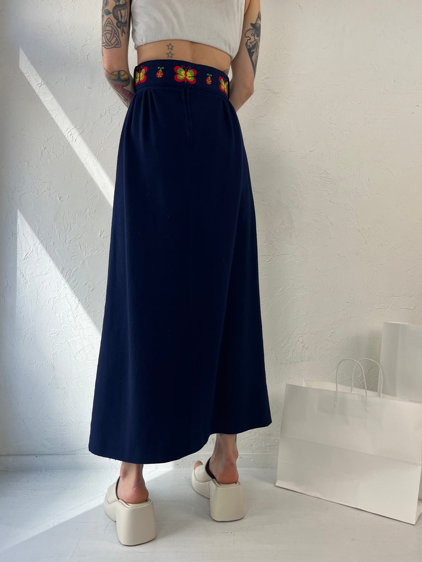 70s Navy Blue Wool Maxi Skirt w/ Belt / XS