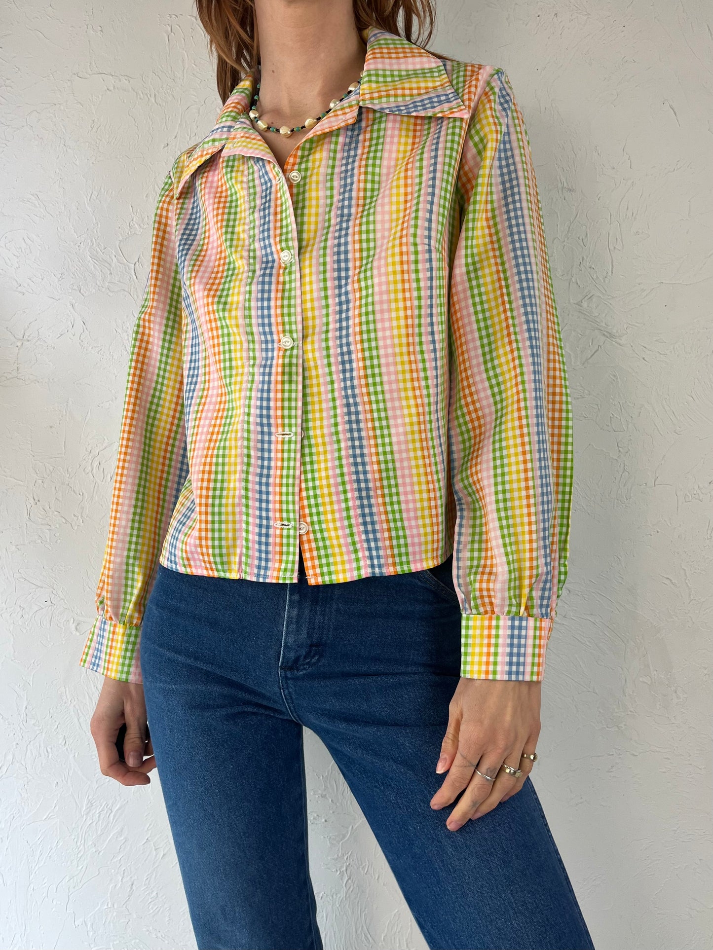 70s Rainbow Gingham Button Up Shirt / Small