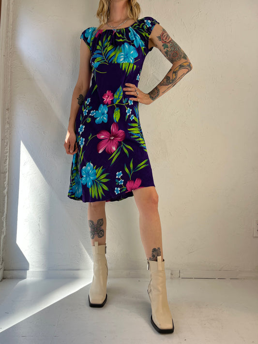 90s Purple Rayon Tropical Print Dress / Medium