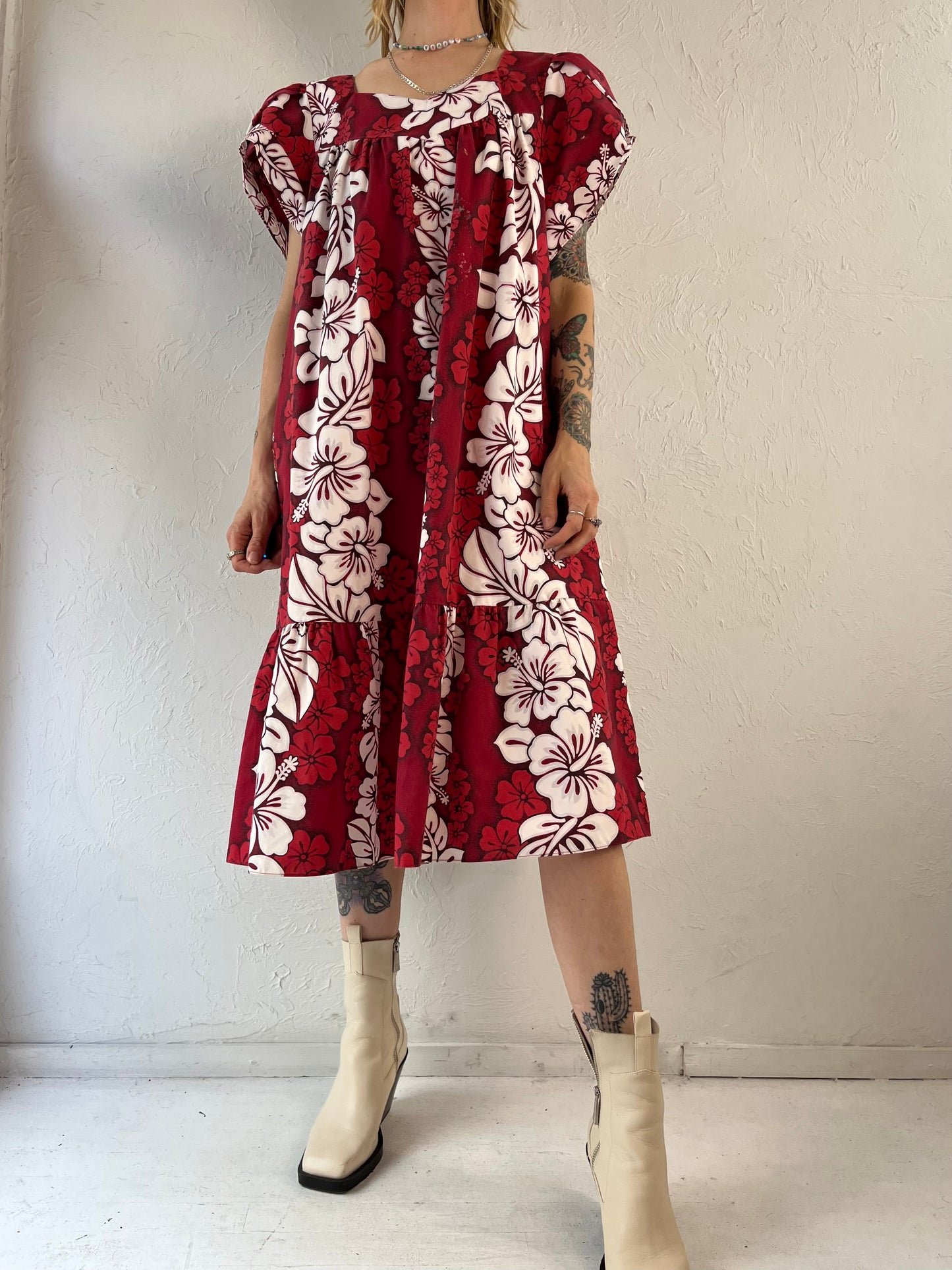 90s Red Tropical Print Hawaiian Mumu Dress / Large