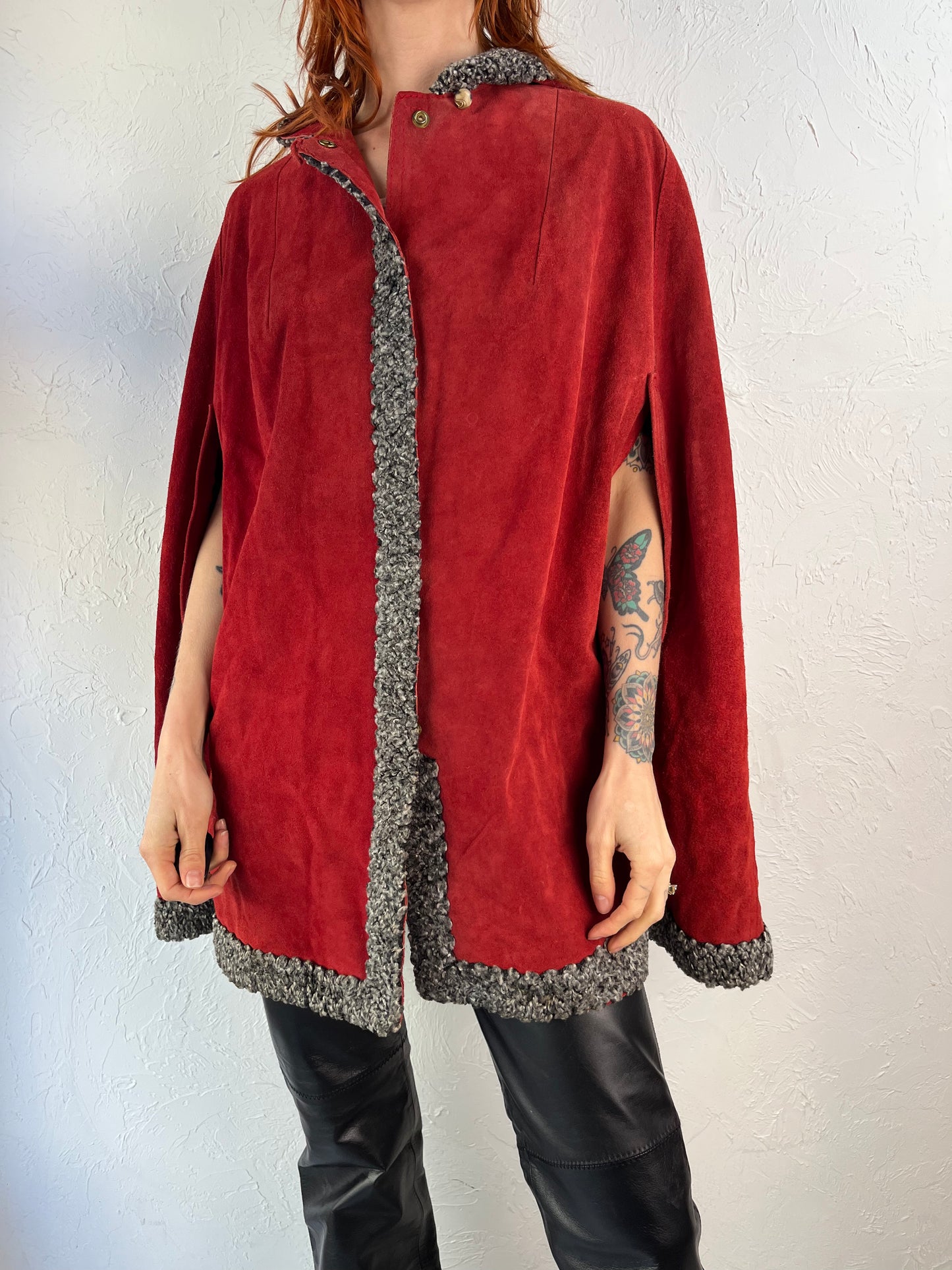 90s 'Gassy Jack' Red Suede Leather Poncho / Small