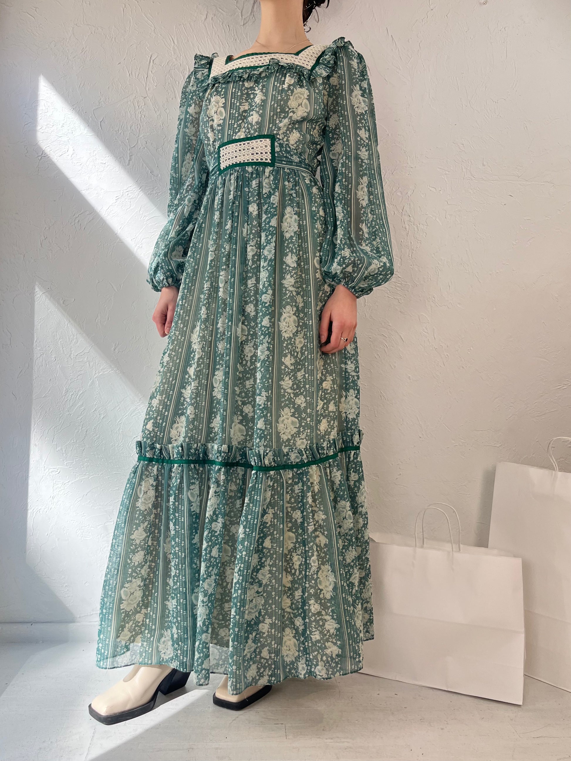 70s 'Candi Jones' Green Peasant Prairie Maxi Dress / Small / 1970s Prairie Dress Romantic Vintage Lace Cottage Core Dress 70s 'Candi Jones' Green Peasant Prairie Maxi Dress / Small / 1970s Prairie Dress Romantic Vintage Lace Cottage Core Dress