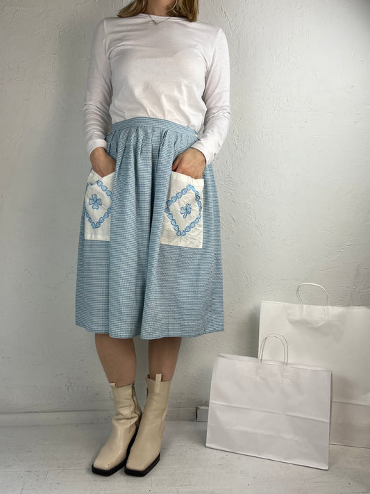 70s Handmade Blue Gingham Chore Skirt / Medium