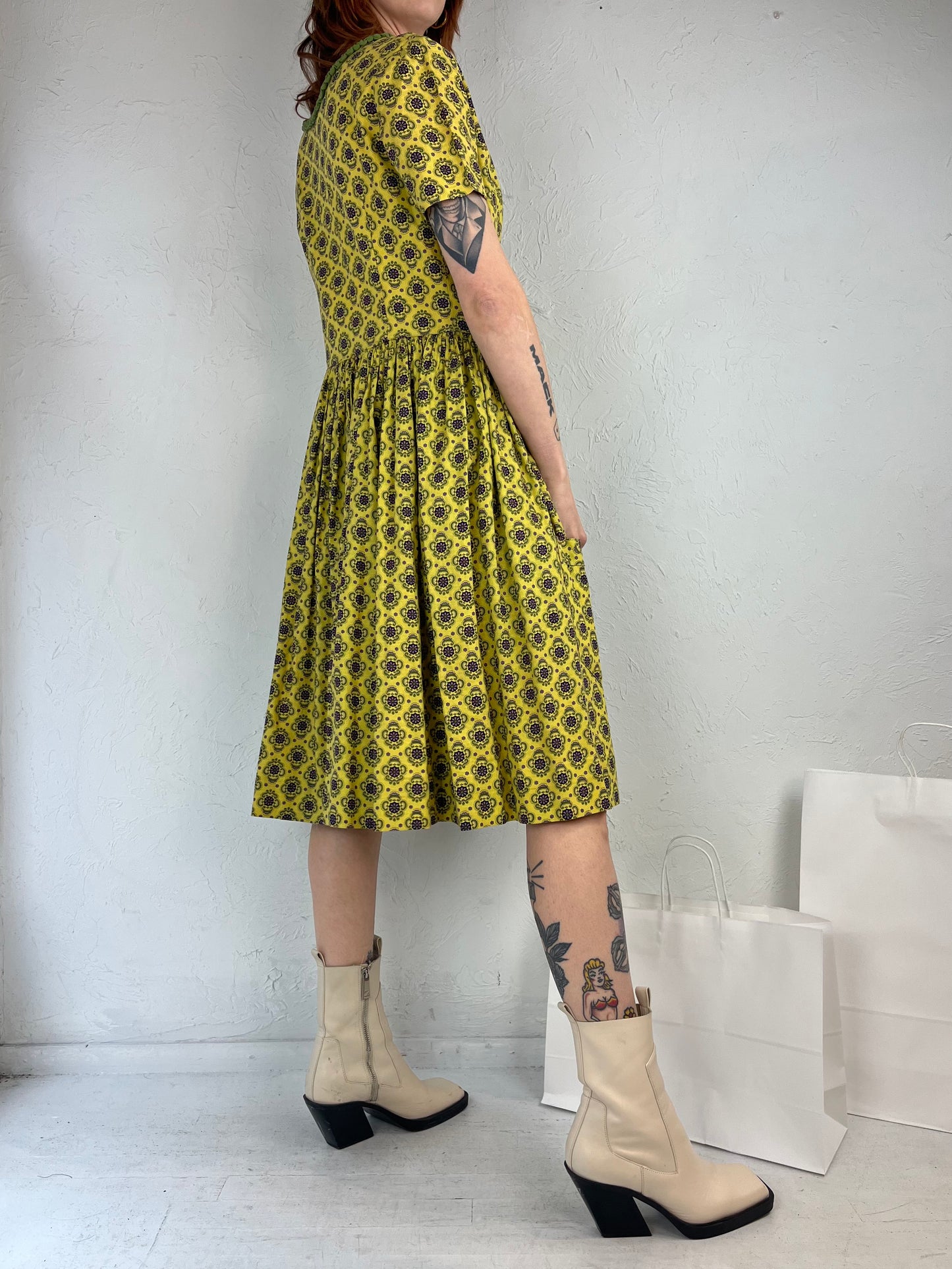 60s Handmade Yellow Patterned Day Dress / Small