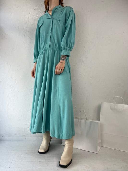 90s 'Naturelle' Teal Blue Raw Silk Dress / Large