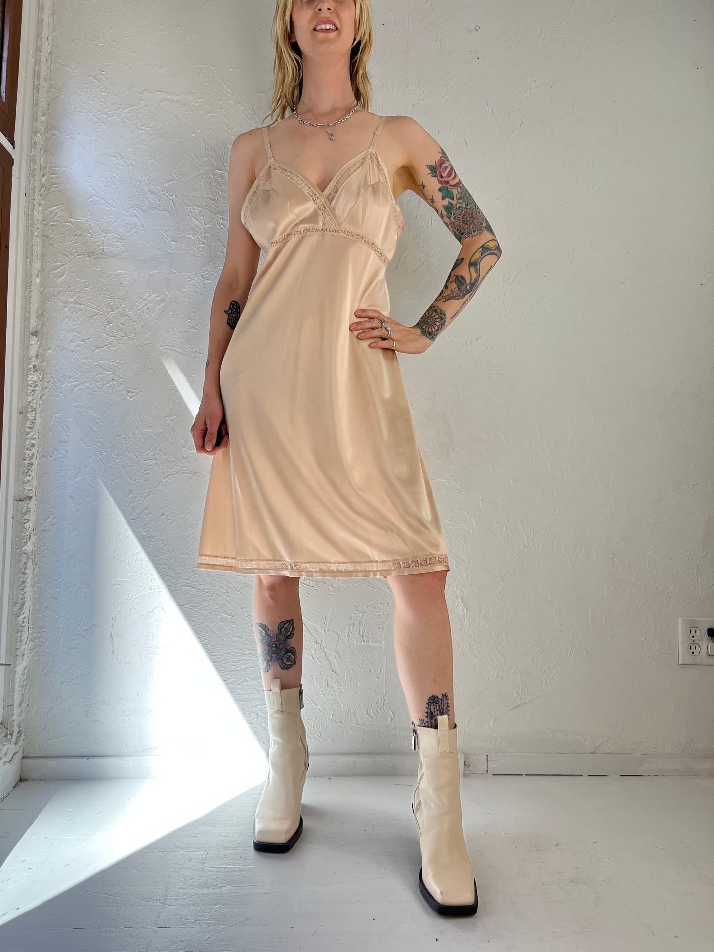 70s 'Formfit' Made in USA Peach Nylon Slip Dress Nightgown / Small