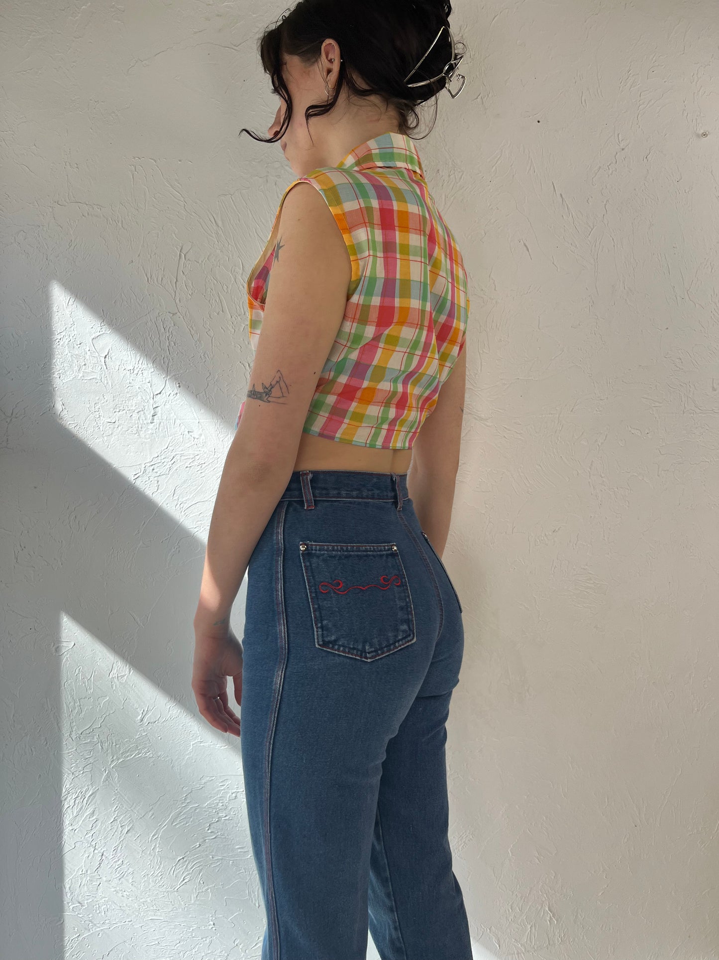 70s 'Fritzy' Plaid Tie Up Crop Top / Small